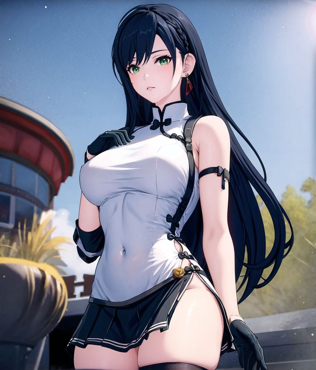  
1girl, solo, long hair, gloves, skirt, earrings, green eyes, jewelry, black gloves, black hair, half gloves,cowboy shot, miniskirt, pleated skirt, ribbon, outdoors,linyeXF,

(masterpiece:1.2), best quality, masterpiece, highres, original,ultra-detailed, illustration,extremely detailed wallpaper, perfect lighting,(extremely detailed CG:1.2), drawing, paintbrush, (china dress)