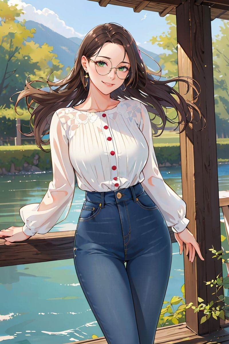 (masterpiece),(best quality),highres,incredibly absurdres,absurdres,very_high resolution,original,intricate details,hyper detail,ultra-detailed,exquisite detailed,extremely delicate,illustration,chromatic aberration,film grain,cinematic,bokeh,caustics,emphasis lines,extremely detailed CG,unity 8k wallpaper,(1girl),shiny hair,glossy hair,sharp_eyelid,eyeliner,eyelashes,eyeshadow,tall female,mature female,*******,perfect detailed face,lips,(lipgloss),feminine proportions,skinny,toned,slim,wide hips,curvy,large_breasts,perky_breasts,shiny skin,glossy skin,(long legs),cropped legs,cowboy shot,knee,(detailed beautiful scene),scenery,landscape,bloom,picturesque,UHD wallpaper,HDR,global illumination,volumetric light,wavy hair,forehead,parted bangs,lateral view,long hair,hair behind ear,brown hair,(floating hair:1.2),green eyes,smile,light smile,grin,jeans,buttons,long sleeves,white blouse,earrings,knee boots,black footwear,smartwatch,flower,sunlight,park,plant,nature,outdoors,lake,pavement,mountainous horizon,clear sky,motion blur,waves,tree,<lora:细边圆框眼镜thinRoundGlasses_v11:0.6>,(round eyewear),glasses,circle-glasses,<lora:inukami inoji-06:0.5>,inukami inoji,