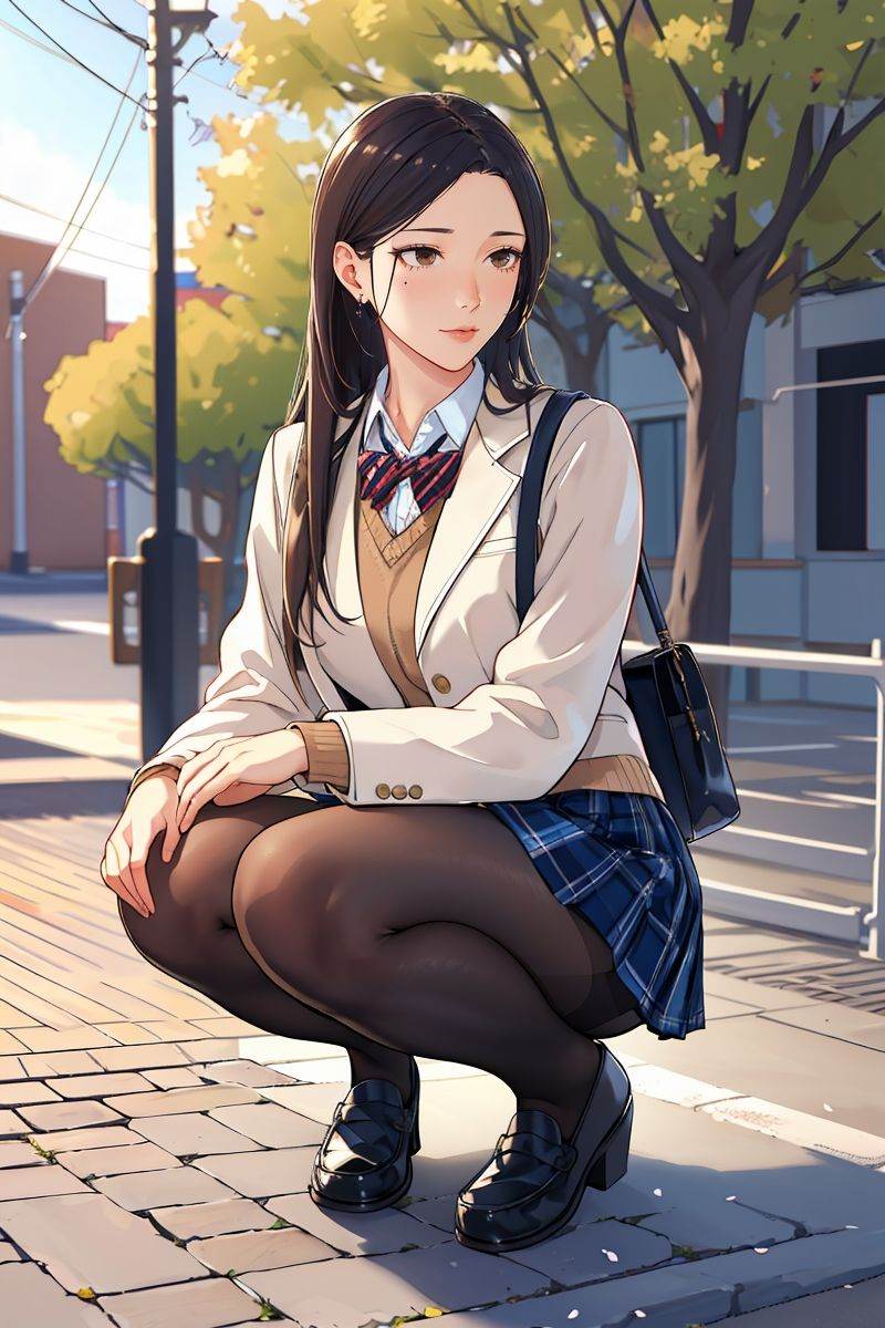 (masterpiece:1.2),(best quality:1.2),(highres:1.2),(incredibly absurdres),(absurdres),very_high resolution,original,intricate details,hyper detail,ultra-detailed,exquisite detailed,extremely delicate,illustration,(chromatic aberration),(film grain),(cinematic),(1girl),(solo),solo_focus,shiny hair,glossy hair,parted bangs,forehead,hair behind ear,sharp_eyelid,eyeliner,eyelashes,eyeshadow,mature female,milf,(perfect detailed face),lips,(lipgloss),glossy skin,shiny skin,feminine proportions,skinny,toned,narrow waist,slim,wide hips,curvy,medium_breasts,perky_breasts,long legs,cowboy shot,wide shot,full body,(looking away),(detailed beautiful scene),scenery,landscape,UHD wallpaper,HDR,sharpened,sharpen,8k unity render,octane render,artstation,concept art,global illumination,studio light,volumetric light,bag,bangs,black_legwear,blazer,blue_legwear,bokeh,brown_eyes,full_body,jacket,kneehighs,lens_flare,loafers,long_hair,long_sleeves,outdoors,plaid,plaid_skirt,pleated_skirt,school_bag,school_uniform,shoes,shoulder_bag,skirt,thighs,squatting,pavement,under_tree,petals,tree,dramatic light,nature,utility pole,day,flower,brick floor,sky,outdoors,blurry,blurry background,<lora:inukami inoji-06:0.6>,inukami inoji,