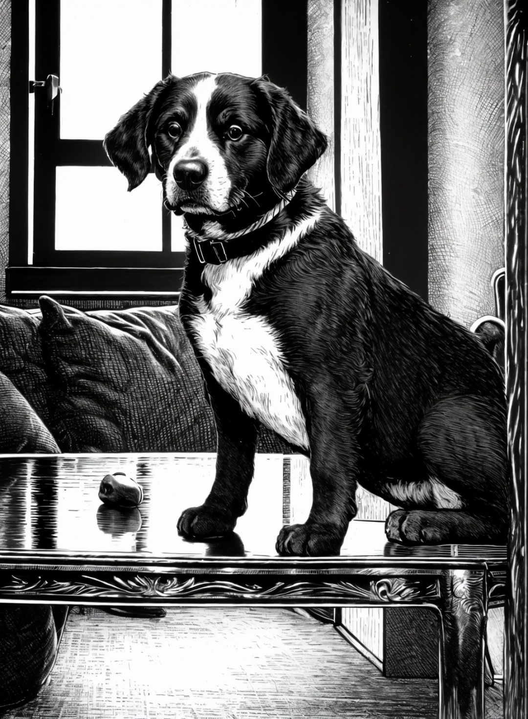 banhua, a dog, indoor,mansion,Indoor, sofa, window, table, floor,   <lyco:banhua-000003:1.0>,best quality,masterpiece, Monochromatic printmaking, 
