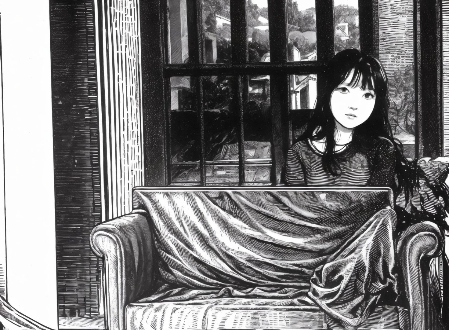 banhua, a girl, indoor,mansion,Indoor, sofa, window, table, floor,   <lyco:banhua-000003:1.0>,best quality,masterpiece, Monochromatic printmaking, 