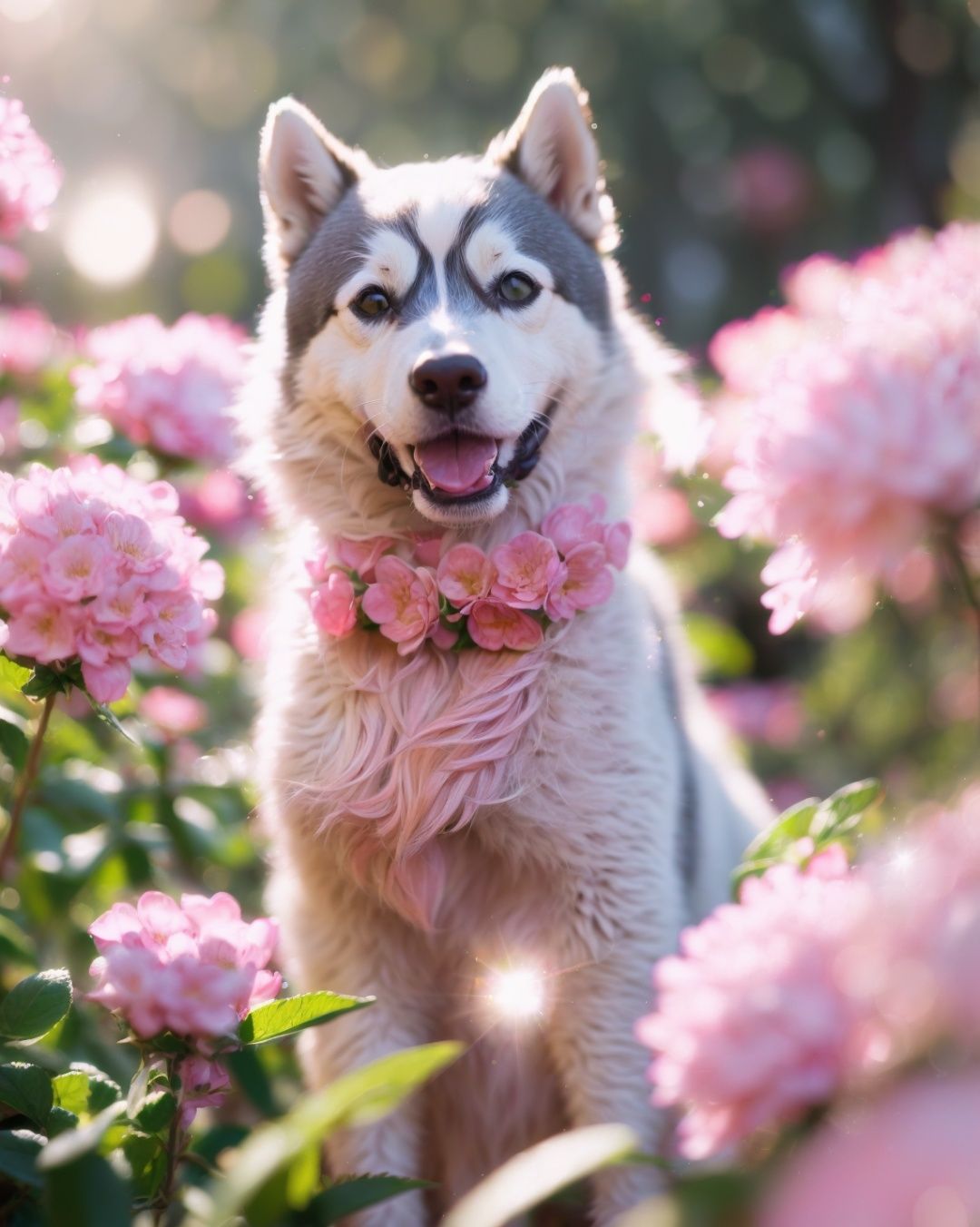 yanzhi, Cinematic scene, (lens flare:1.3), still-life photography,Siberian Husky,(a lot of pink flowers:1.4), city, Depth field, film grain, bokeh, best quality, masterpiece, high resolution, no humans, 