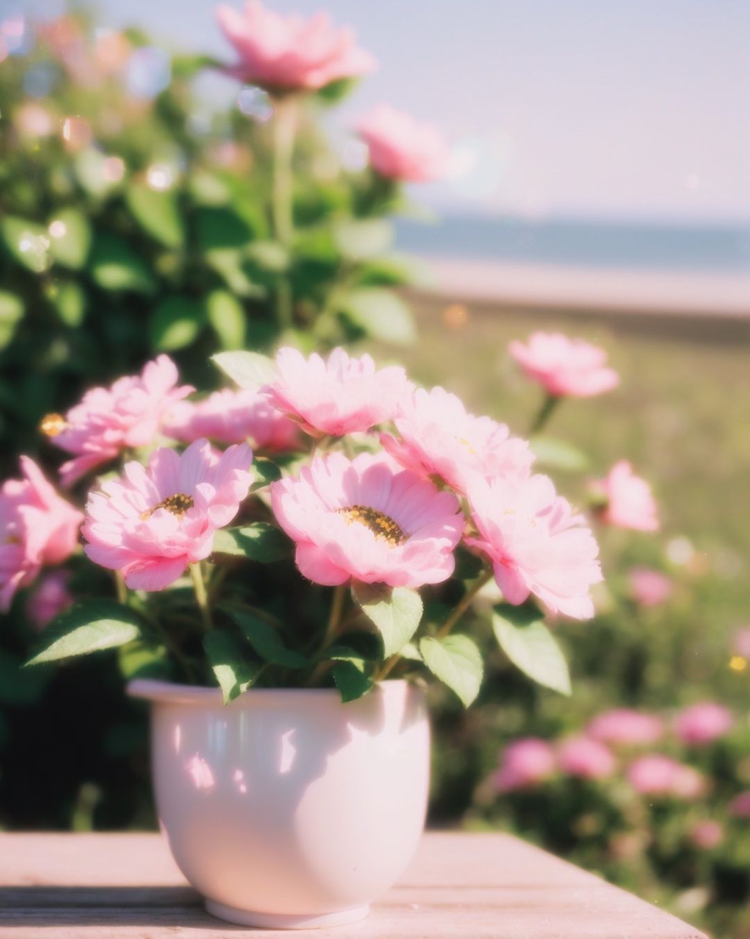yanzhi, Cinematic scene, (lens flare:1.3), still-life photography, food, (a lot of pink flowers:1.2), ocean, Depth field, film grain, bokeh, best quality, masterpiece, high resolution, no humans, 