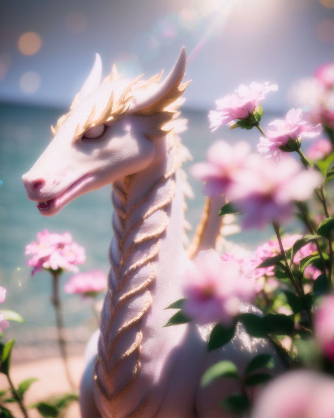 yanzhi, Cinematic scene, (lens flare:1.3), still-life photography,(Pure white dragon),wing, (a lot of pink flowers:1.2), ocean, Depth field, film grain, bokeh, best quality, masterpiece, high resolution, no humans, 