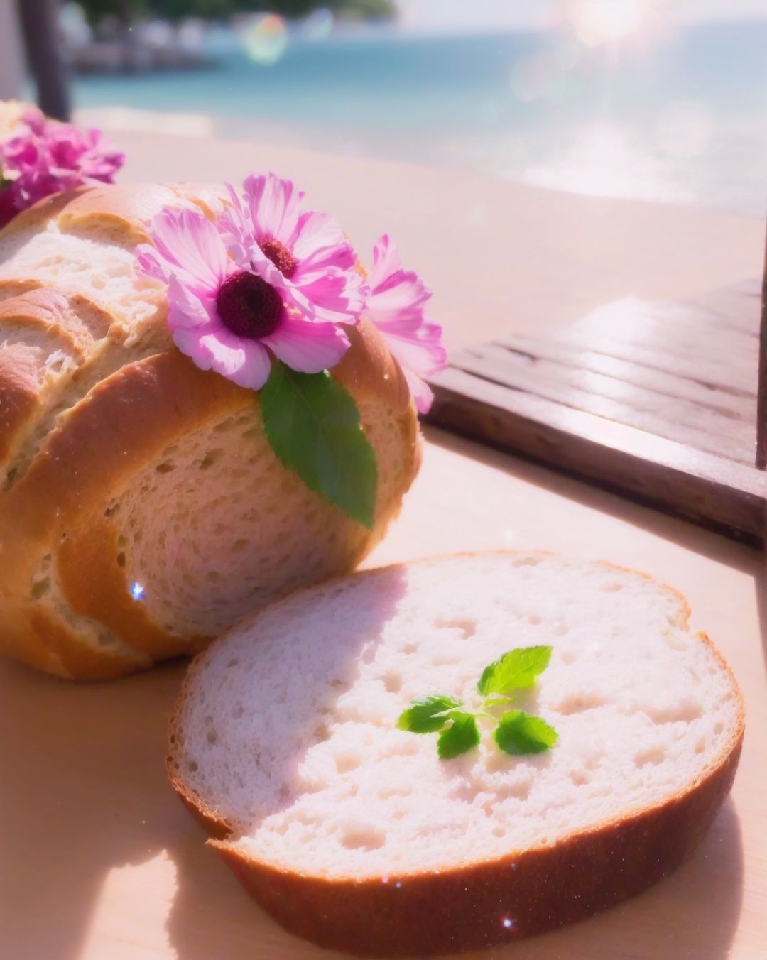 yanzhi, Cinematic scene, (lens flare:1.3), still-life photography, Rich cuisine, bread, beverages, wine, pink flowers, ocean, Depth field, film grain, bokeh, best quality, masterpiece, high resolution, no humans, 