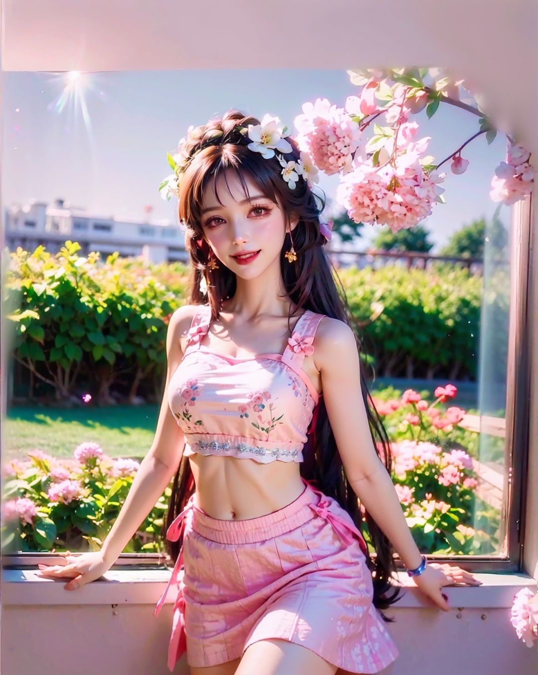 yanzhi, Cinematic scene, (lens flare:1.3),  A beautiful girl ,Look out, skirt, happy, (smile:1.4),Big bow, solo, (long hair), Slender arms,ankle, (skinny legs), Barbie doll scene,  <lora:少女感脸型_v2.0:0.3>,<lora:badgirl-v15fix-lora-wdvae-6ep-resize:0.7>，(a lot of pink flowers:1.4), indoor,Large glass window,Depth field, film grain, bokeh, best quality, masterpiece, high resolution,