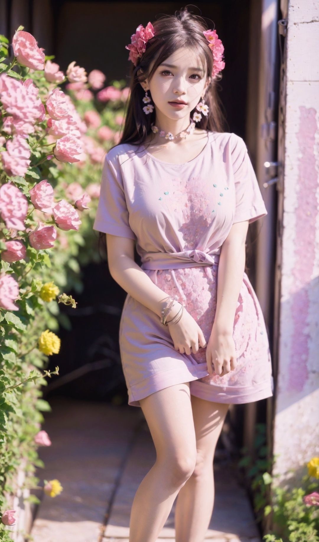 best quality, masterpiece, high resolution,intricate details,((realistic)),photographic，1girl, solo, (full body,),idol, (silver grey hair), sharp eyes, earrings, oval face, choker,Slender arms,ankle, (skinny legs),detailed skin,<lora:cuteGirlMix4_v10:0.4>,<lora:koreanDollLikeness_v20:0.6>,<lora:shojovibe_v11:0.3><lora:jkUniform_v20:0.45>, JK_style, short-sleeved JK_shirt , short-sleeved JK_sailor, JK_suit, JK_tie,smile,stand,head turned to the left，(A large number of petals and pink flowers:1.8),Full Length Shot,Depth field, natural shading, 8K,HDR, RAW, highres, Canon EOS RP ,film grain, bokeh, lens flare, vibrant color , 85mm, f/1.4, ISO 200, 1/160s:0.75
