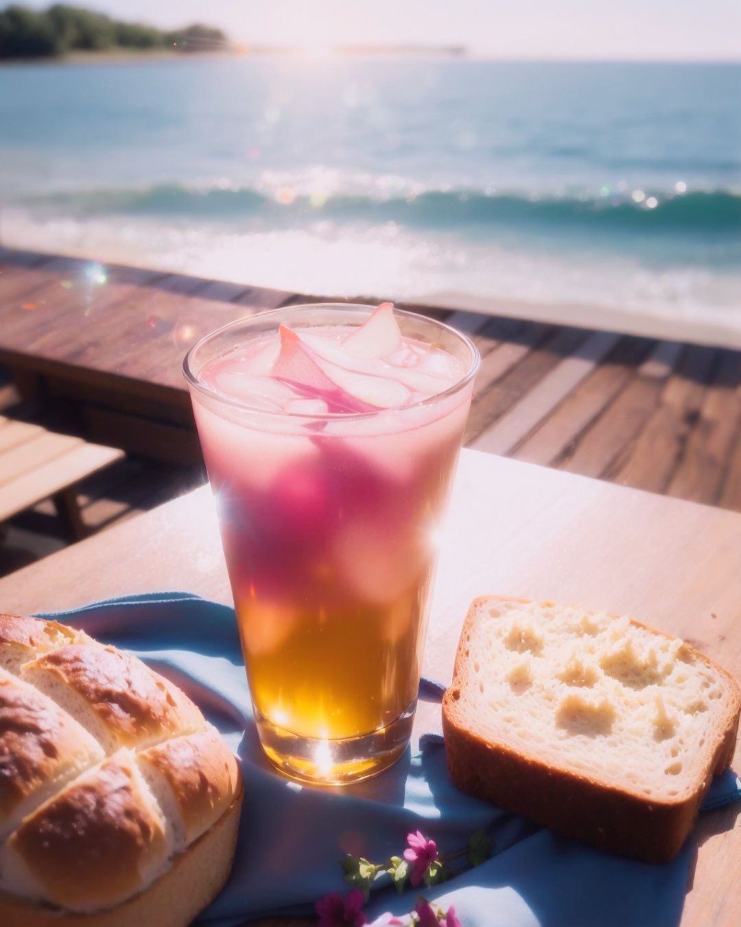yanzhi, Cinematic scene, (lens flare:1.3), still-life photography, Rich cuisine, bread, beverages, wine, pink flowers, blue ocean, Depth field, film grain, bokeh, best quality, masterpiece, high resolution, no humans, 