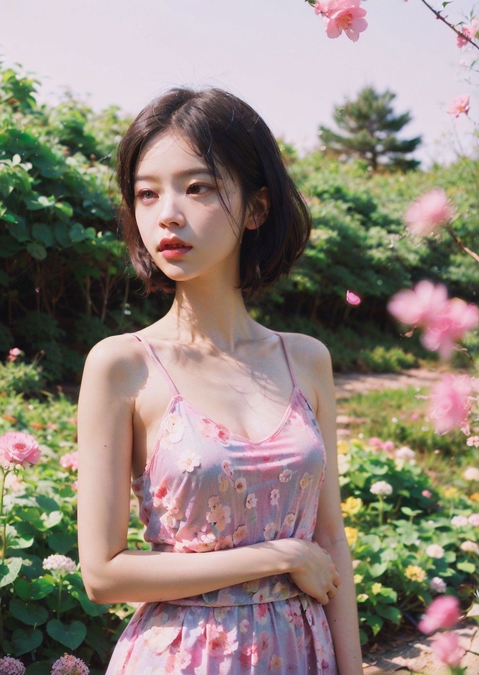 yanzhi, 1girl,beautiful,  Pink dress, Pink  petals, Pink flowers, glow,antastical Atmosphere, Calming Palette, Tranquil Mood,Outdoor,glow,antastical Atmosphere, Calming Palette, Tranquil Mood,best quality, masterpiece, photographic，  <lora:中式审美，网红脸系列_V1.0:0.4> <lora:小清新混血_v1.0:0.0.4> <lora:少女感脸型_v2.0:0.7>