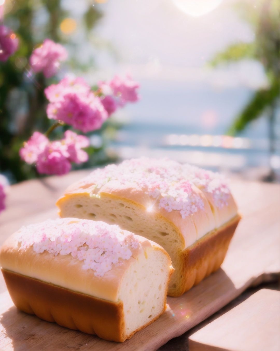 yanzhi, Cinematic scene, (lens flare:1.3), still-life photography, Rich cuisine, bread, beverages, (a lot of pink flowers:1.2), ocean, Depth field, film grain, bokeh, best quality, masterpiece, high resolution, no humans, 