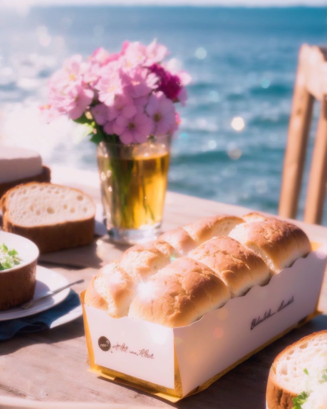 yanzhi, Cinematic scene, (lens flare:1.3), still-life photography, Rich cuisine, bread, beverages, pink flowers, ocean, Depth field, film grain, bokeh, best quality, masterpiece, high resolution, no humans, 