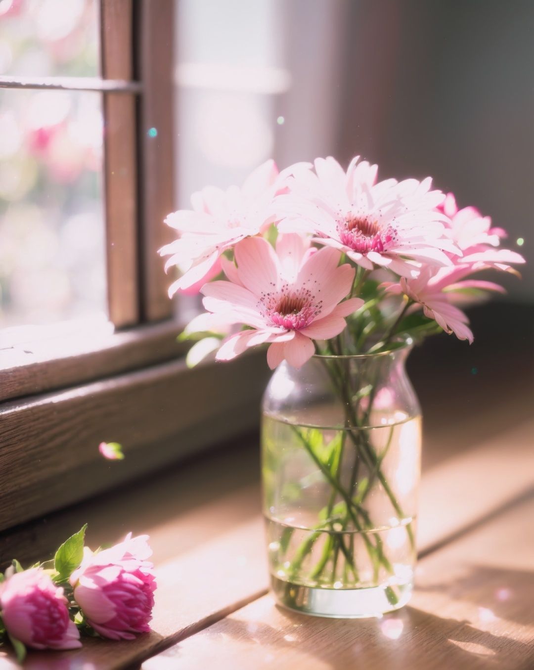 yanzhi, Cinematic scene, (lens flare:1.3), Barbie doll scene,  (a lot of pink flowers:1.4), indoor,Large glass window,Depth field, film grain, bokeh, best quality, masterpiece, high resolution, no humans, 