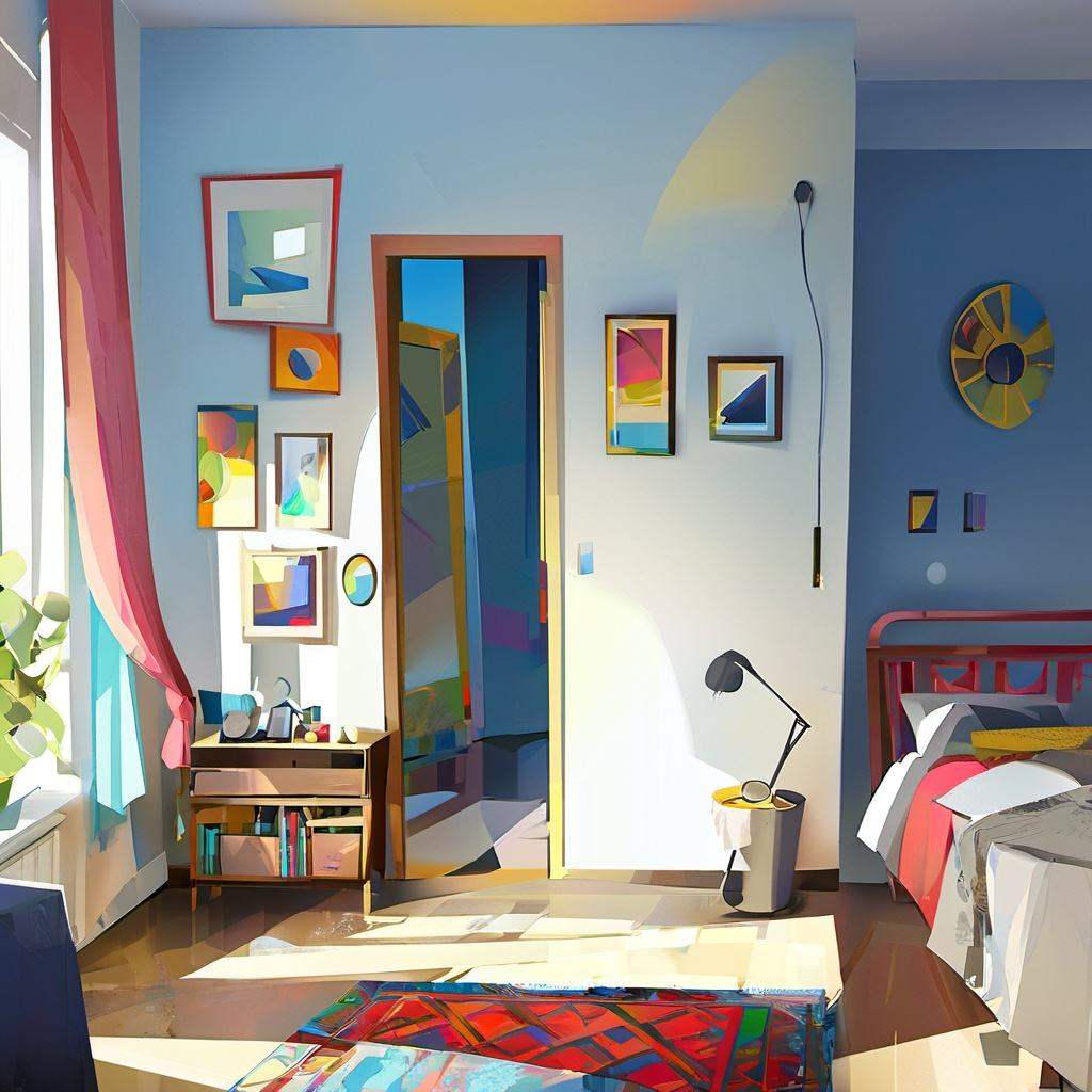 style of michal sawtyruk,Michal Sawtyruk,<lora:Michal Sawtyruk:0.95>,one bedroom,bright sunshine,illustration,best quality,masterpiece,extremely detailed,finely detail,highly detailed,
