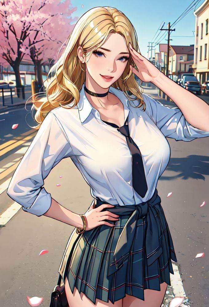 (masterpiece),(best quality),highres,incredibly absurdres,absurdres,very_high resolution,original,intricate details,hyper detail,ultra-detailed,exquisite detailed,extremely delicate,illustration,pixiv,chromatic aberration,film grain,cinematic,bokeh,caustics,emphasis lines,extremely detailed CG,unity 8k wallpaper,game cg,(1girl),(solo),solo_focus,shiny hair,glossy hair,parted bangs,wavy hair,long hair,disheveled_hair,hair behind ear,blue eyes,sharp_eyelid,eyeliner,eyelashes,eyeshadow,mature female,milf,(perfect detailed face),lips,(lipgloss),glossy skin,(shiny skin)feminine proportions,skinny,toned,narrow waist,slim,wide hips,curvy,large_breasts,perky_breasts,salute,hand on hip,bangs,black choker,black necktie,blonde hair,blue skirt,bracelet,choker,clothes around waist,collarbone,collared shirt,cowboy shot,dress shirt,ear piercing,gradient hair,grin,gyaru,jewelry,kogal,long hair,looking at viewer,loose necktie,necktie,piercing,plaid,plaid skirt,pleated skirt,red eyes,ring,school uniform,white shirt,skirt,smile,(detailed beautiful scene),scenery,landscape,town,house,clear sky,plant,street,utility pole,cherry blossoms,petals,perspective,<lora:Understanding Of Flirting-03:0.7>, Understanding Of Flirting,sketch,acrylic paint \(medium\),gouache \(medium\),chromatic aberration,