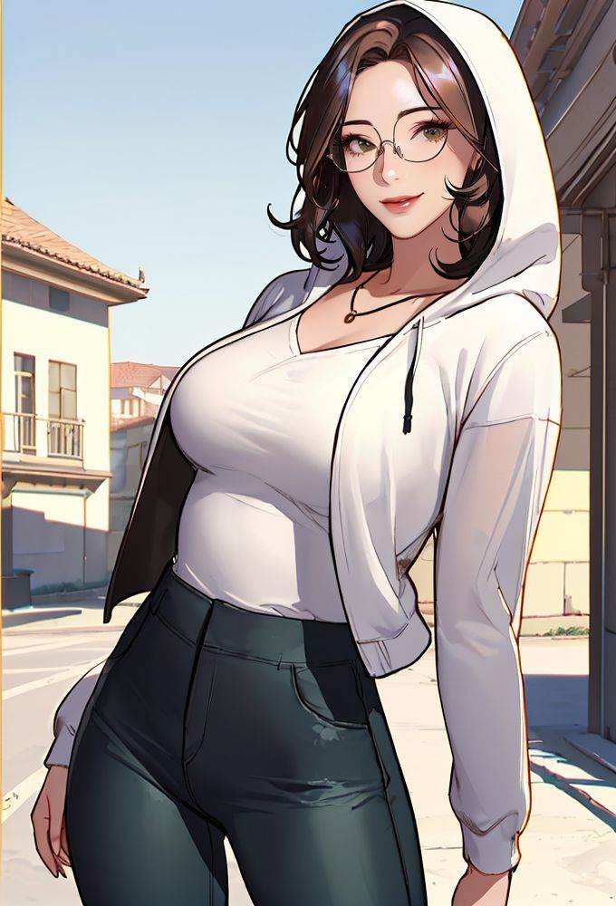 (masterpiece),(best quality),highres,incredibly absurdres,absurdres,very_high resolution,original,intricate details,hyper detail,ultra-detailed,exquisite detailed,extremely delicate,illustration,chromatic aberration,film grain,cinematic,bokeh,caustics,emphasis lines,extremely detailed CG,unity 8k wallpaper,(1girl),shiny hair,glossy hair,sharp_eyelid,eyeliner,eyelashes,eyeshadow,tall female,mature female,*******,perfect detailed face,lips,(lipgloss),feminine proportions,skinny,toned,slim,wide hips,curvy,large_breasts,perky_breasts,shiny skin,glossy skin,(long legs),cropped legs,cowboy shot,knee,(detailed beautiful scene),scenery,landscape,bloom,picturesque,UHD wallpaper,HDR,global illumination,volumetric light,wavy hair,parted bangs,brown hair,medium hair,bobcut,green eyes,smile,light smile,black_pants,open clothes,open jacket,white_hooded_jacket,long sleevespink_shirt,t-shirt,(silver glasses),necklace,flower,sunlight,vines,ivy,plant,nature,outdoors,house,town,day,arms behind back,walking,(round eyewear),glasses,circle-glasses,<lora:Understanding Of Flirting-03:0.7>,Understanding Of Flirting,sketch,chromatic aberration,<lora:xian-t手部修复lora v3:0.6>,<lora:GoodHands-beta2:0.6>,