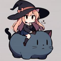 riding on a huge orange cat, halloween, <lora:style07_v3:1.0>, 1girl,  solo, solid eyes,  bangs, cat ears, black eyes, pink hair, blush stickers, buttons, grey background, looking at viewer, notice lines, shirt, simple background, long hair, fullbody, blue skirt, white socks, black shoes, dragging a suicase,  wearing a big witch hat,
