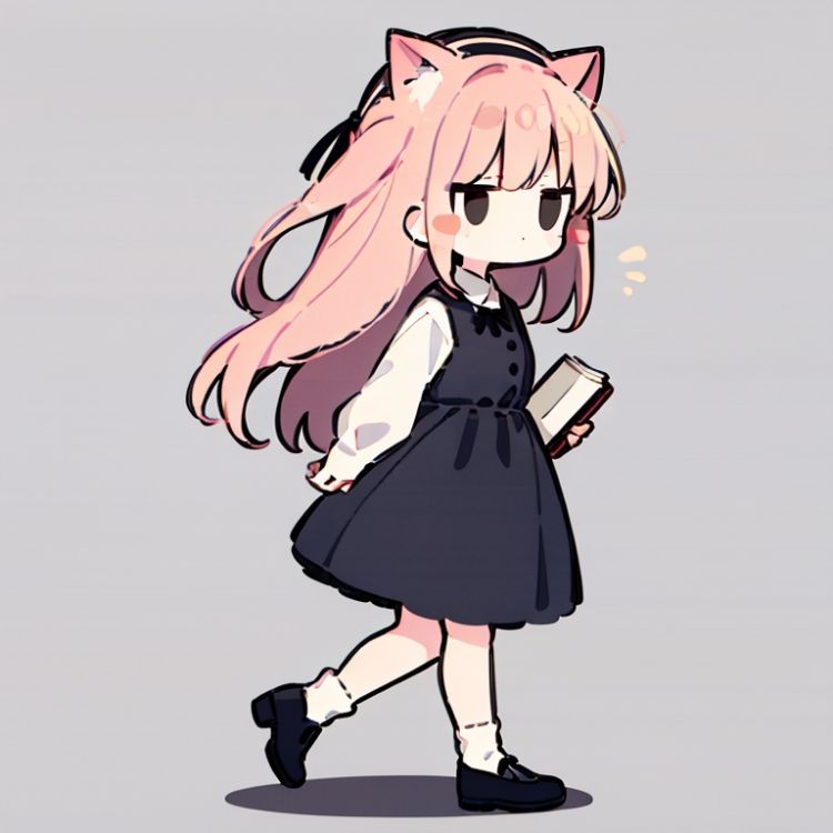 <lora:style07_v3:1.0>, 1girl,  solo, solid eyes,  bangs, cat ears, black eyes, pink hair, blush stickers, buttons, grey background, looking at viewer, notice lines, shirt, simple background, long hair, fullbody, blue skirt, white socks, black shoes, holding a book,  :P, wearing a beret, walking, shot from side,