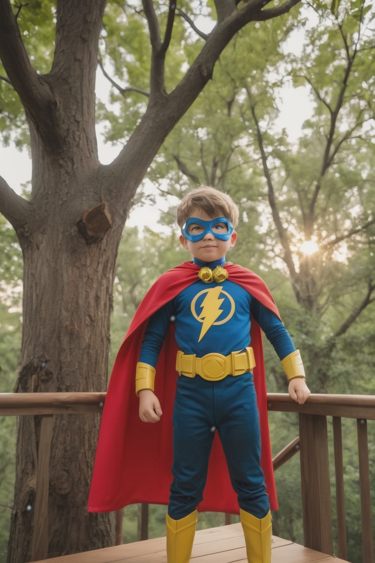 a boy child dressed up as at home superheroes,  superhero mask,  cape by Chesthole on Tensor.Art