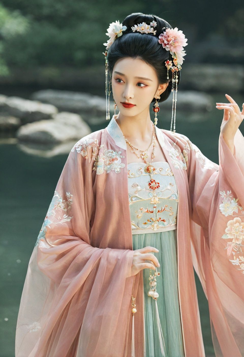 masterpiece,best quality,8K,official art,ultra high res,1girl,chinese clothes,hanfu,jewelry,hair ornament,upper body,solo,earrings,flower ocean,remains,flower,black hair,necklace,teeth,hair bun,dress,parted lips,hair flower,((full body)),dress,hanfu,embroidery,exquisite,meticulous,(tulle:1.4),