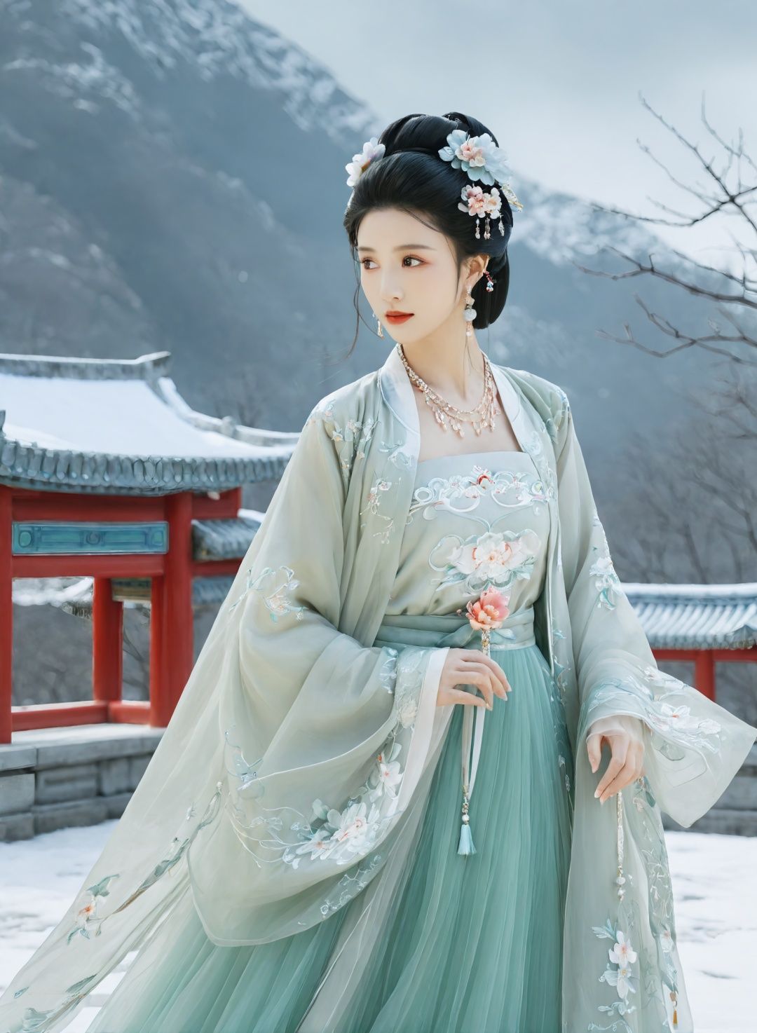 masterpiece,best quality,8K,official art,ultra high res,1girl,looking at viewer,chinese clothes,hanfu,jewelry,hair ornament,upper body,solo,earrings,snowy mountain,ruins,flower,black hair,necklace,teeth,hair bun,dress,parted lips,hair flower,((full body)),dress,hanfu,embroidery,exquisite,meticulous,(tulle:1.4),