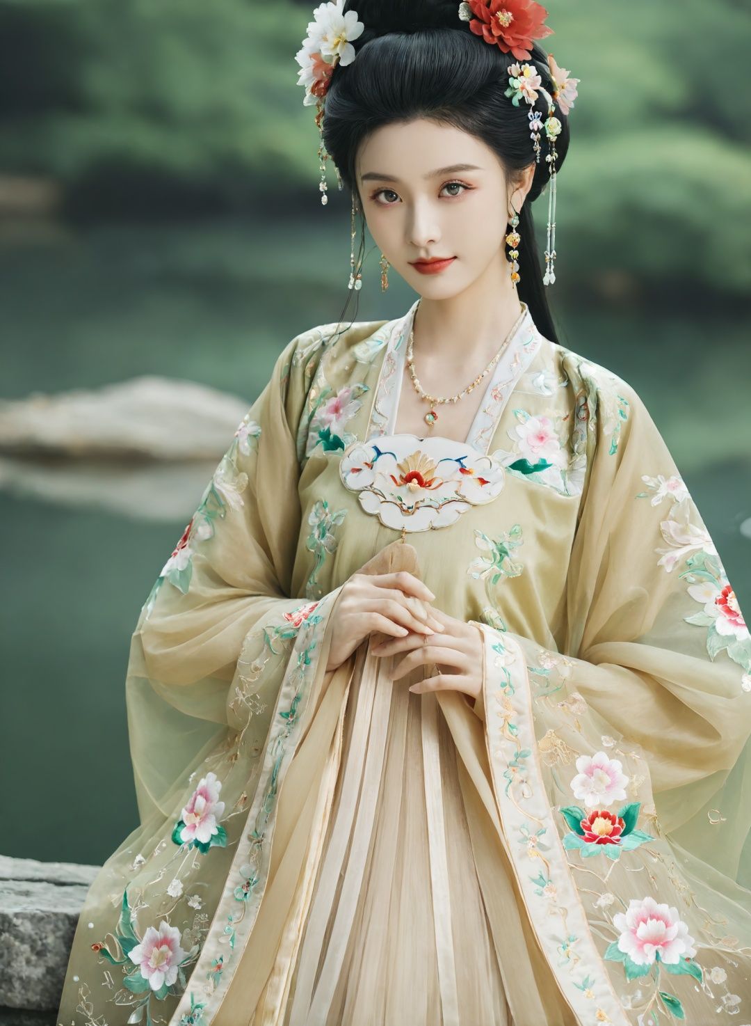 masterpiece,best quality,8K,official art,ultra high res,1girl,looking at viewer,chinese clothes,hanfu,jewelry,hair ornament,upper body,solo,earrings,plateau,turret,flower,black hair,necklace,teeth,hair bun,dress,parted lips,hair flower,((full body)),dress,hanfu,embroidery,exquisite,meticulous,(tulle:1.4),