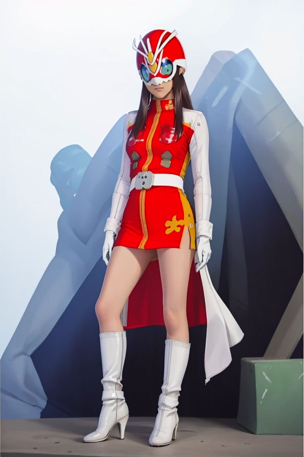  (masterpiece:1.3), (the best quality:1.2), (super fine illustrations:1.2), (Masterpiece), high quality, high detail,((white background:1.2)), looking at viewer, (SOLO:1.4),outline,,simple background,skirt, high heel boots,belt, white footwear, white gloves, thighhighs, high heels, boots, gloves,armor,helmet,mask