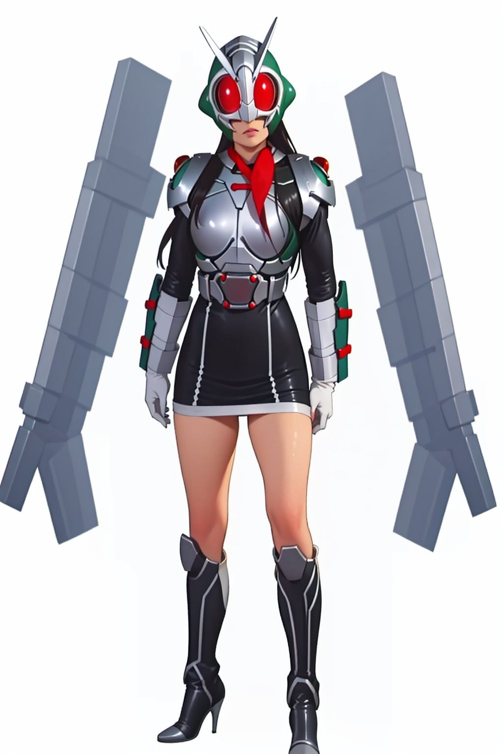 (masterpiece:1.3), (the best quality:1.2), (super fine illustrations:1.2), (Masterpiece), high quality, high detail,((white background:1.2)), looking at viewer, (SOLO:1.4),outline,,simple background,mecha, plugsuit, armor,skirt, high heel boots,belt, white footwear, white gloves, thighhighs, high heels, boots, gloves,armor,helmet,mask