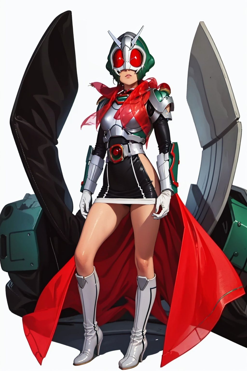  (masterpiece:1.3), (the best quality:1.2), (super fine illustrations:1.2), (Masterpiece), high quality, high detail,((white background:1.2)), looking at viewer, (SOLO:1.4),outline,,simple background,mecha, plugsuit, armor,skirt, high heel boots,belt, white footwear, white gloves, thighhighs, high heels, boots, gloves,armor,helmet,mask