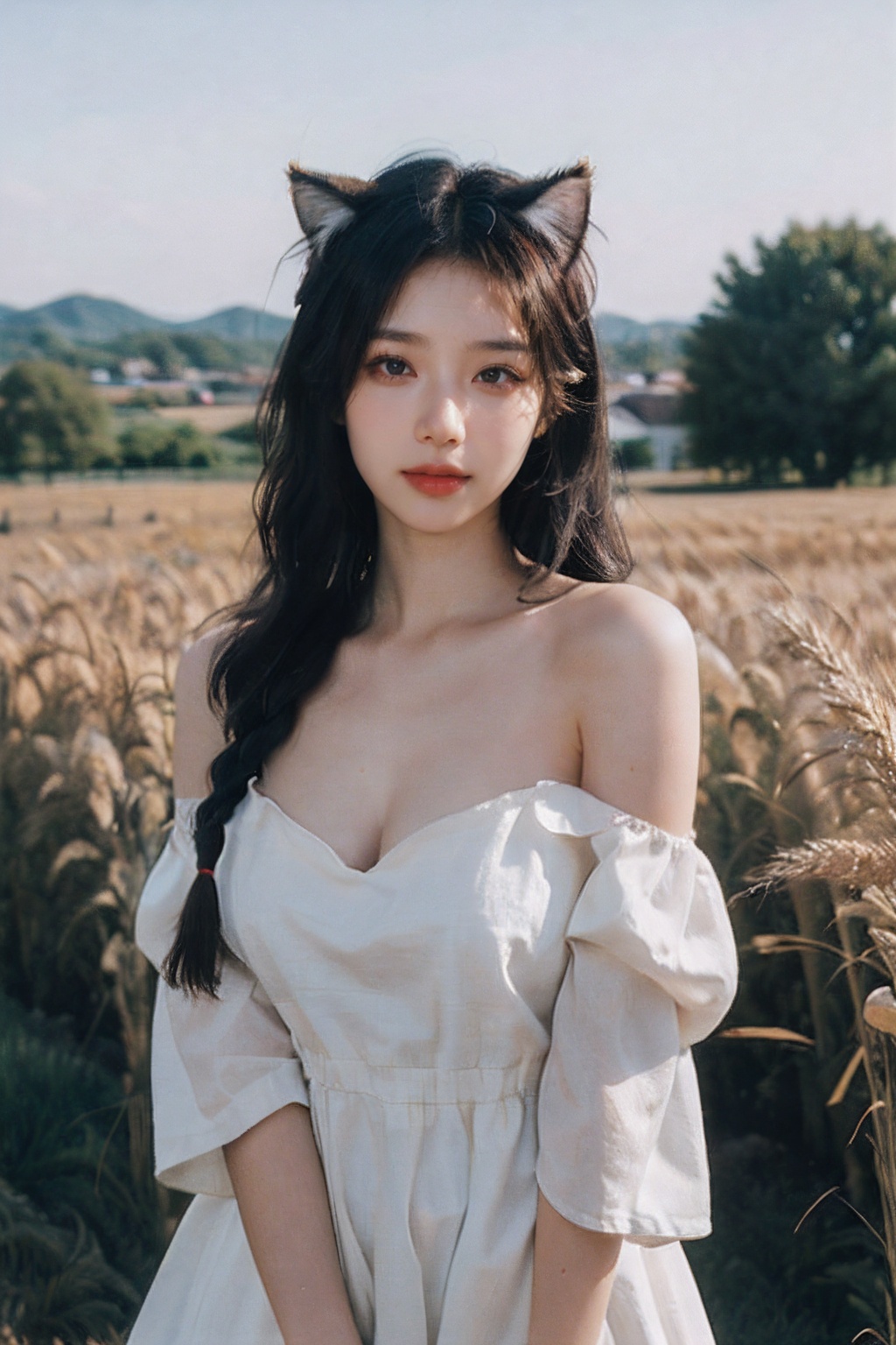 young 1girl with braided hair and fluffy cat ears,  dressed in Off-Shoulder Sundress,  standing in a rustic farm setting....