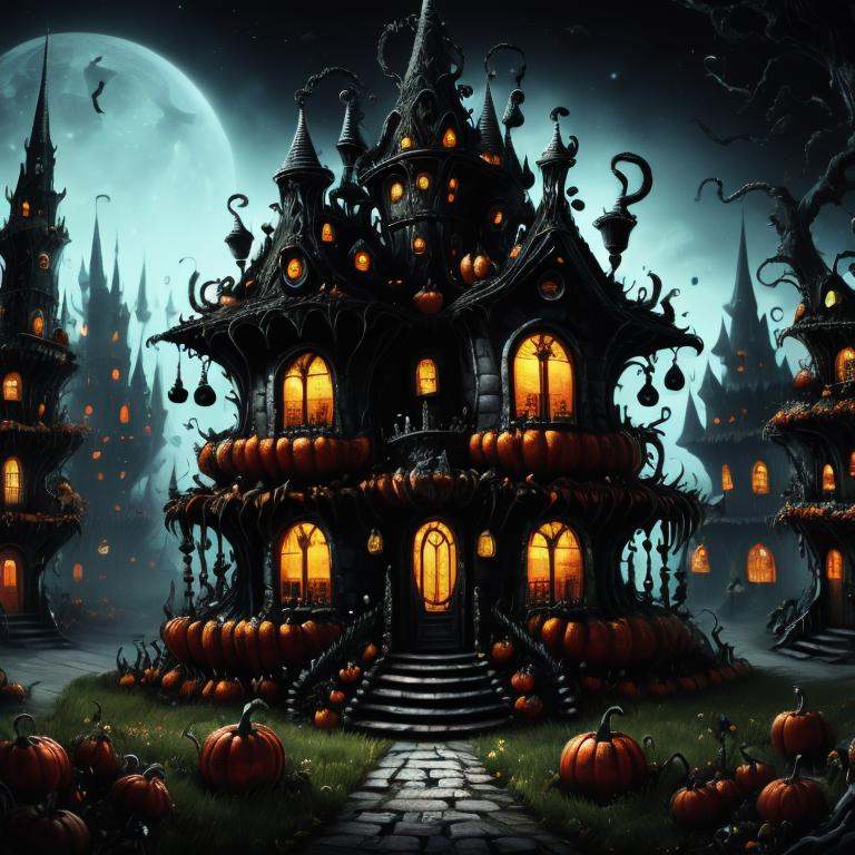 ((realistic,digital art)), (hyper detailed),h4l0w3n5l0w5tyl3DonML1gh7 Wicked Village, Enigmatic, Cauldrons, Black Cats, Cursed Candelabras, Dark Surrealism,  <lora:h4l0w3n5l0w5tyl3DonML1gh7_v1.2-000008:1>