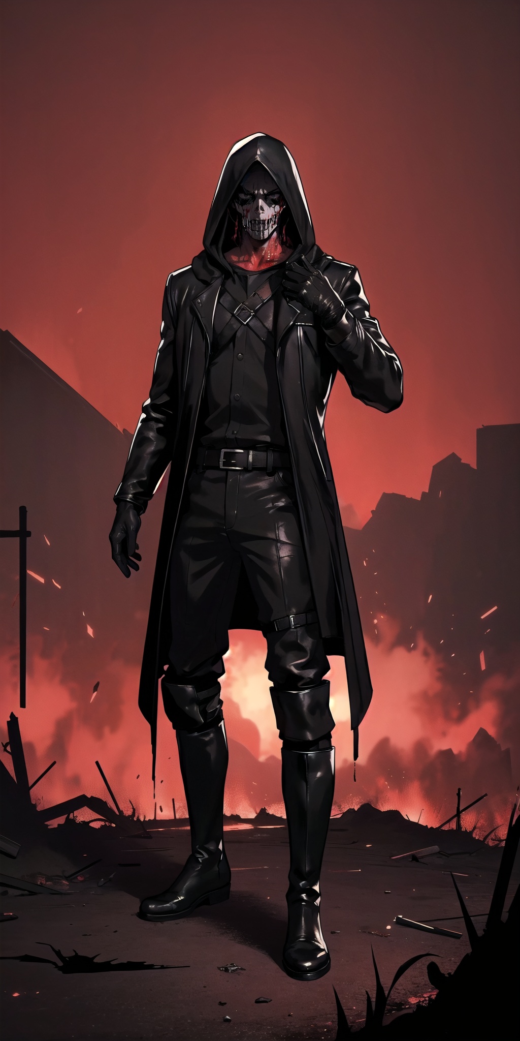A hooded man,  black clothes,  black leather boots on Tensor.Art