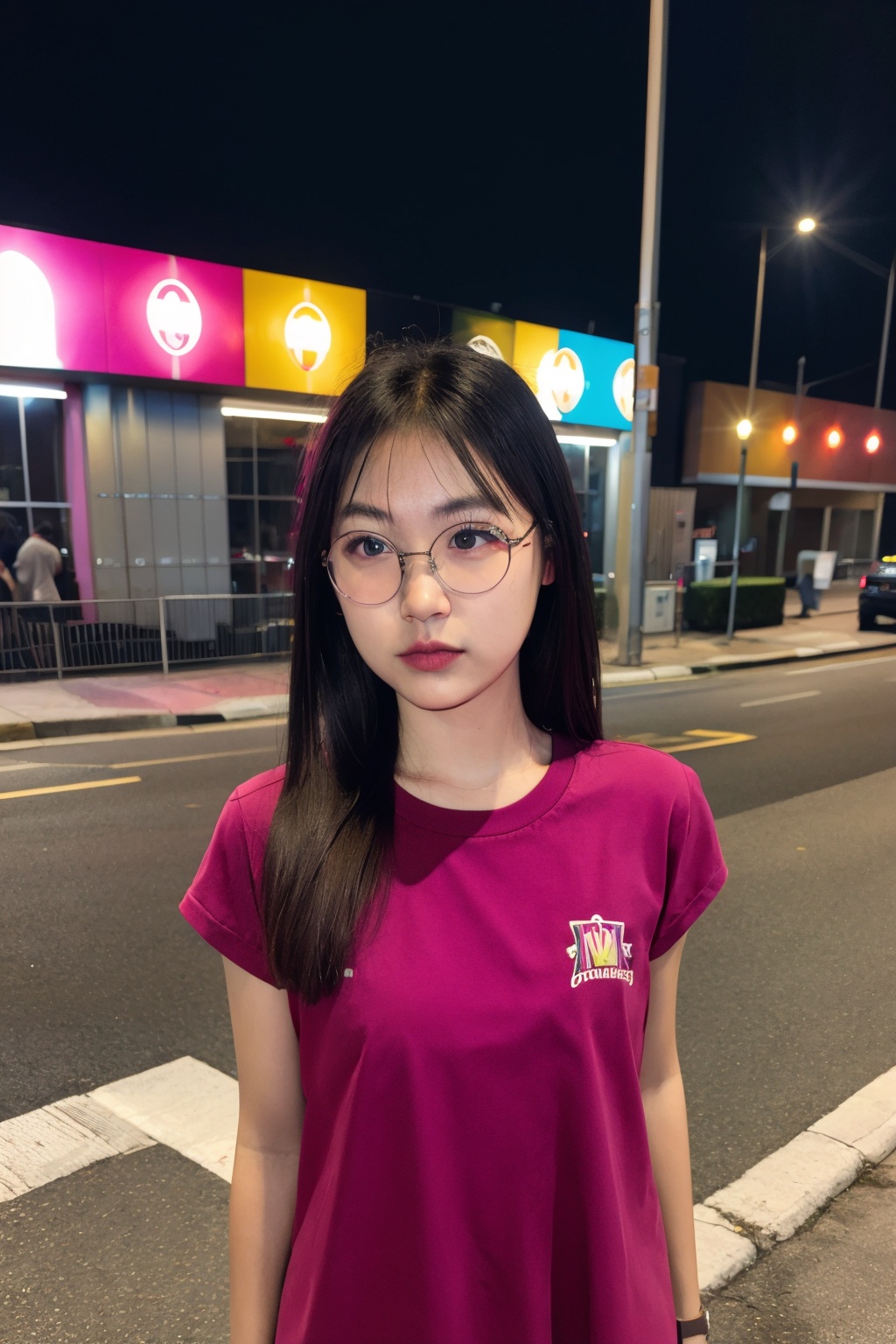 masterpiece, highest quality, extreme quality, Magenta clothes, street, upper body , babebiiie, glamour shot, seductive face,bam_15m