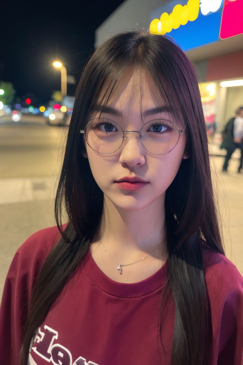 masterpiece, highest quality, extreme quality, Magenta clothes, street, upper body , babebiiie, glamour shot, seductive face,bam_15m