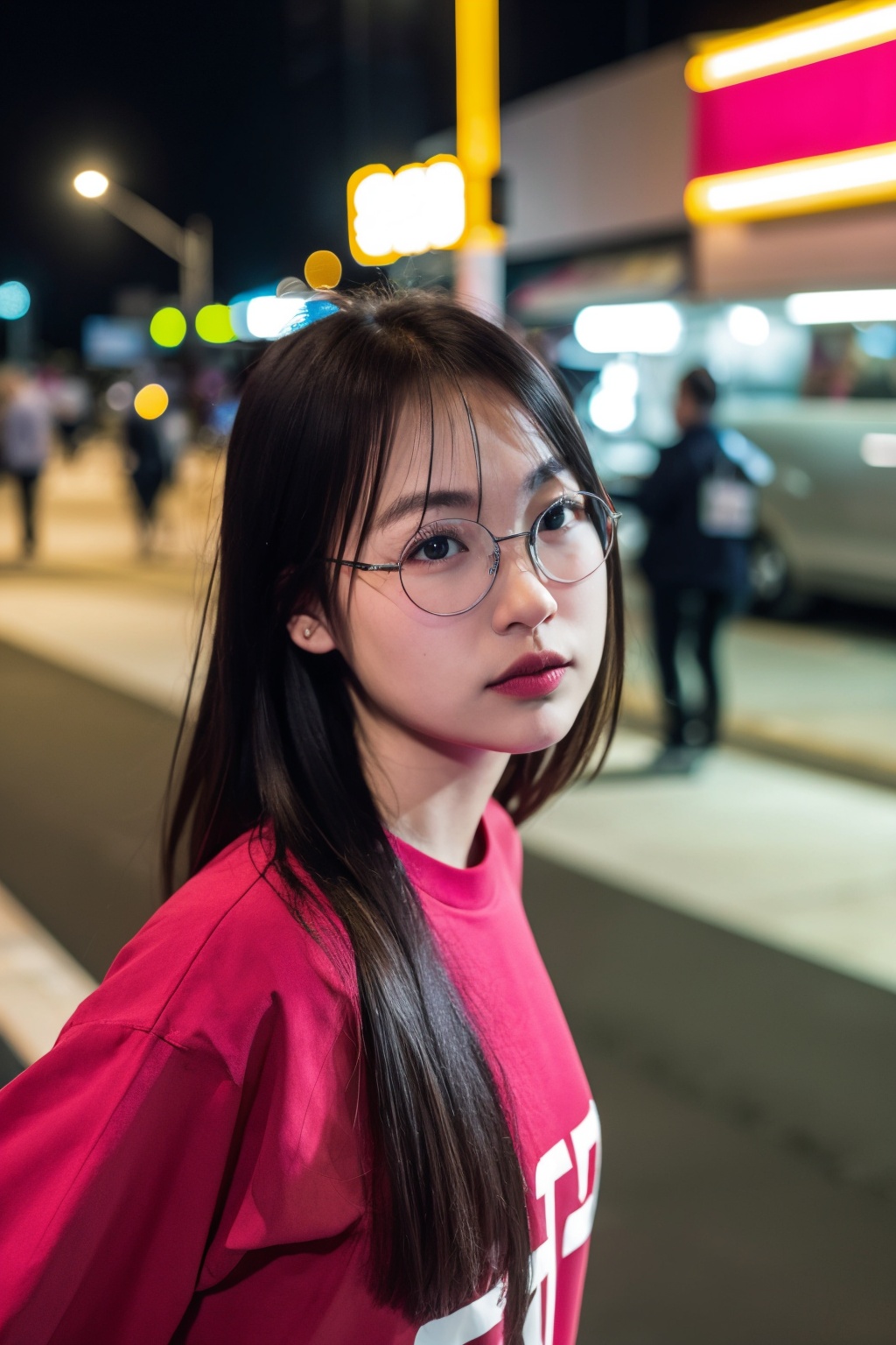 masterpiece, highest quality, extreme quality, Magenta clothes, street, upper body , babebiiie, glamour shot, seductive face,bam_15m