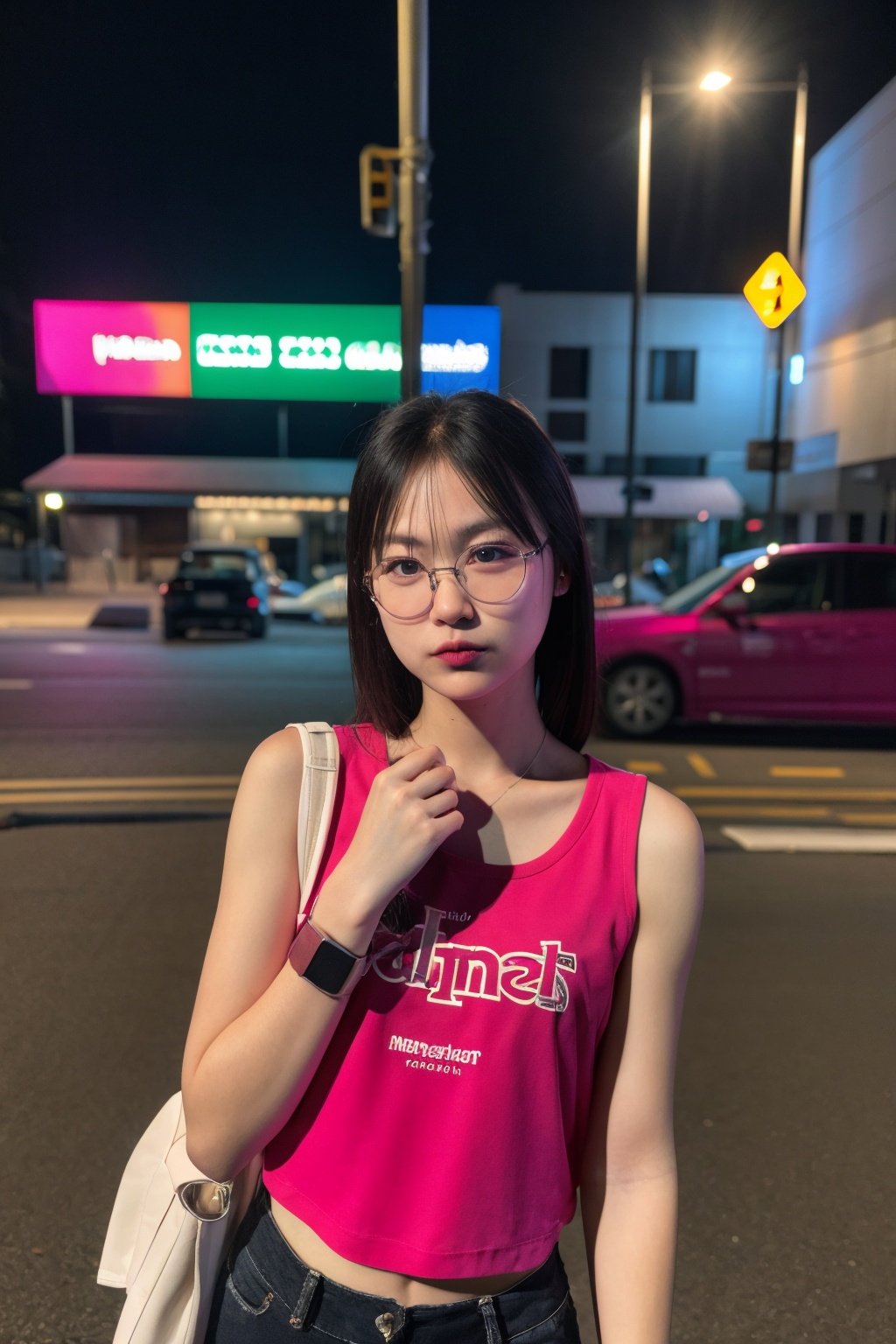 masterpiece, highest quality, extreme quality, Magenta clothes, street, upper body , babebiiie, glamour shot, seductive face,bam_15m