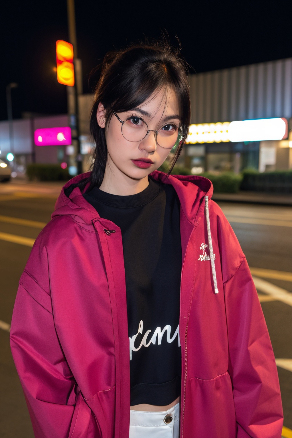 masterpiece, highest quality, extreme quality, Magenta clothes, street, upper body , babebiiie, glamour shot, seductive face,bam_15m