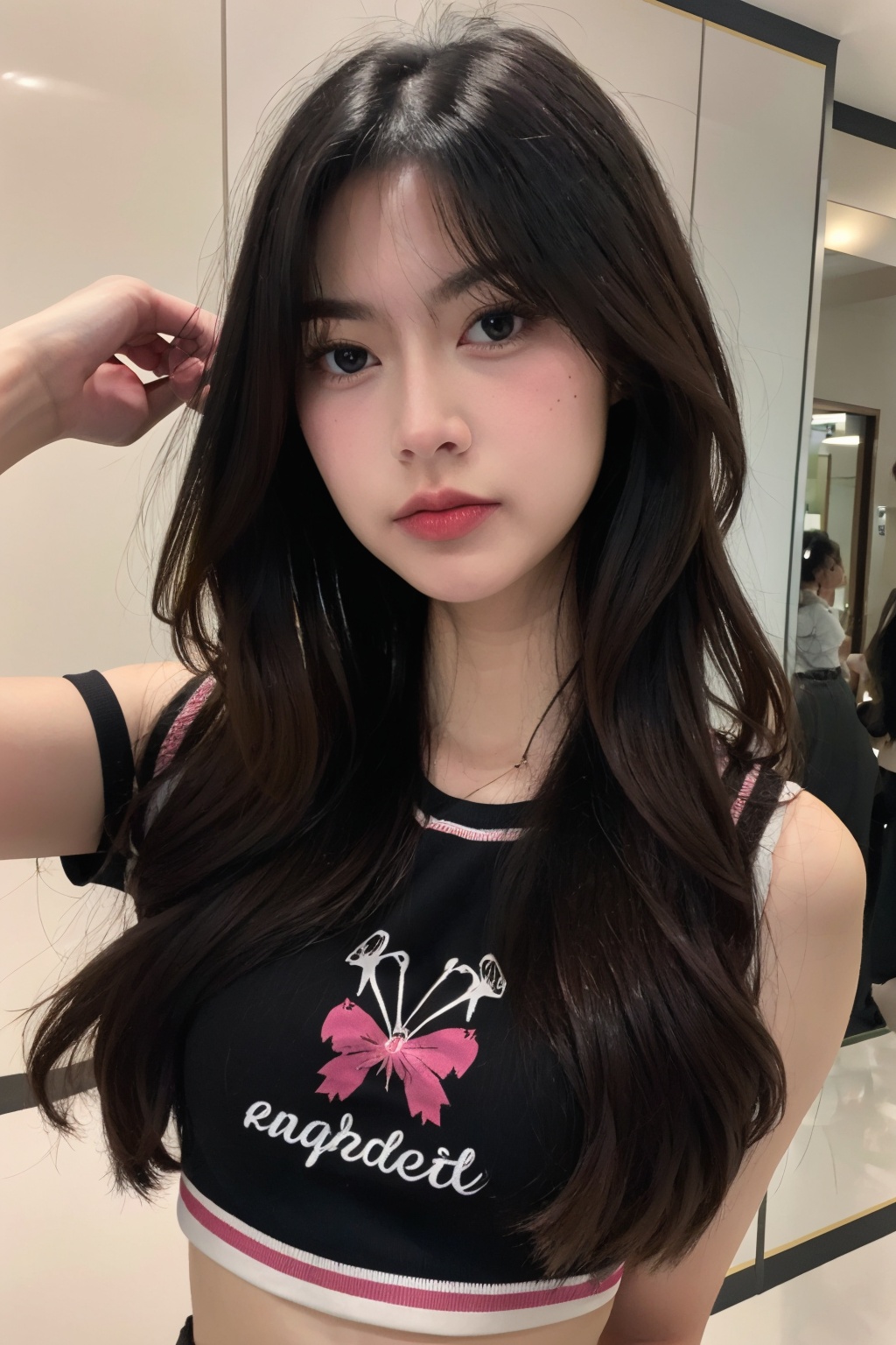 masterpiece, highest quality, extreme quality, Magenta clothes, street, upper body , babebiiie, glamour shot, seductive face,bam_15m,chutirada