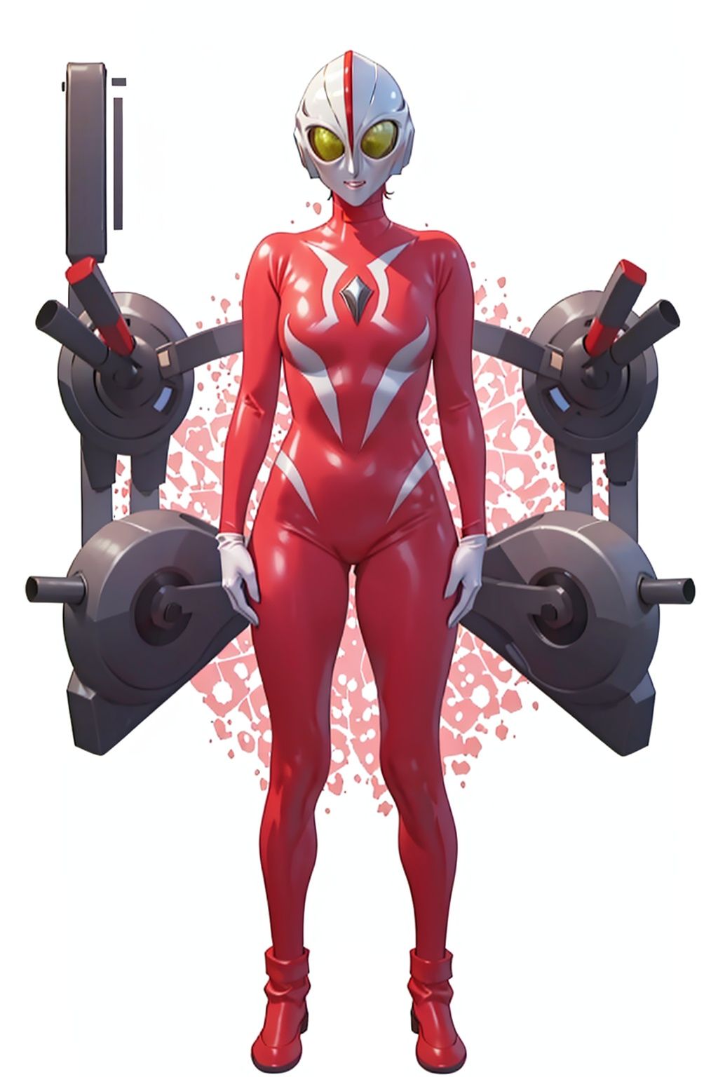 (masterpiece:1.3), (the best quality:1.2), (super fine illustrations:1.2), (Masterpiece), high quality, high detail,((white background:1.2)), looking at viewer, (SOLO:1.4),outline,,simple background,glowing, armor,helmet,red footwear,red tight-fitting,silver pattern on body,bodysuit,gem,plugsuit,mask,cover,logo,boots,gloves,red legwear,red gloves,red bodysuit,leather suit,latex
