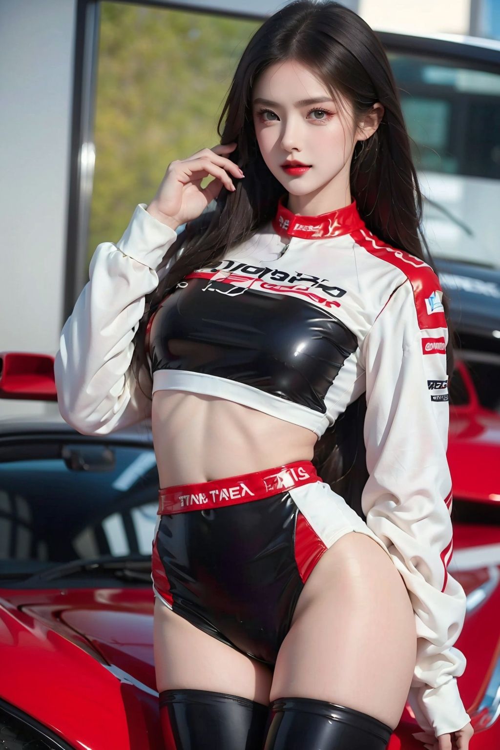 1 female racing driver,  racing suit,  navel exposed on Tensor.Art