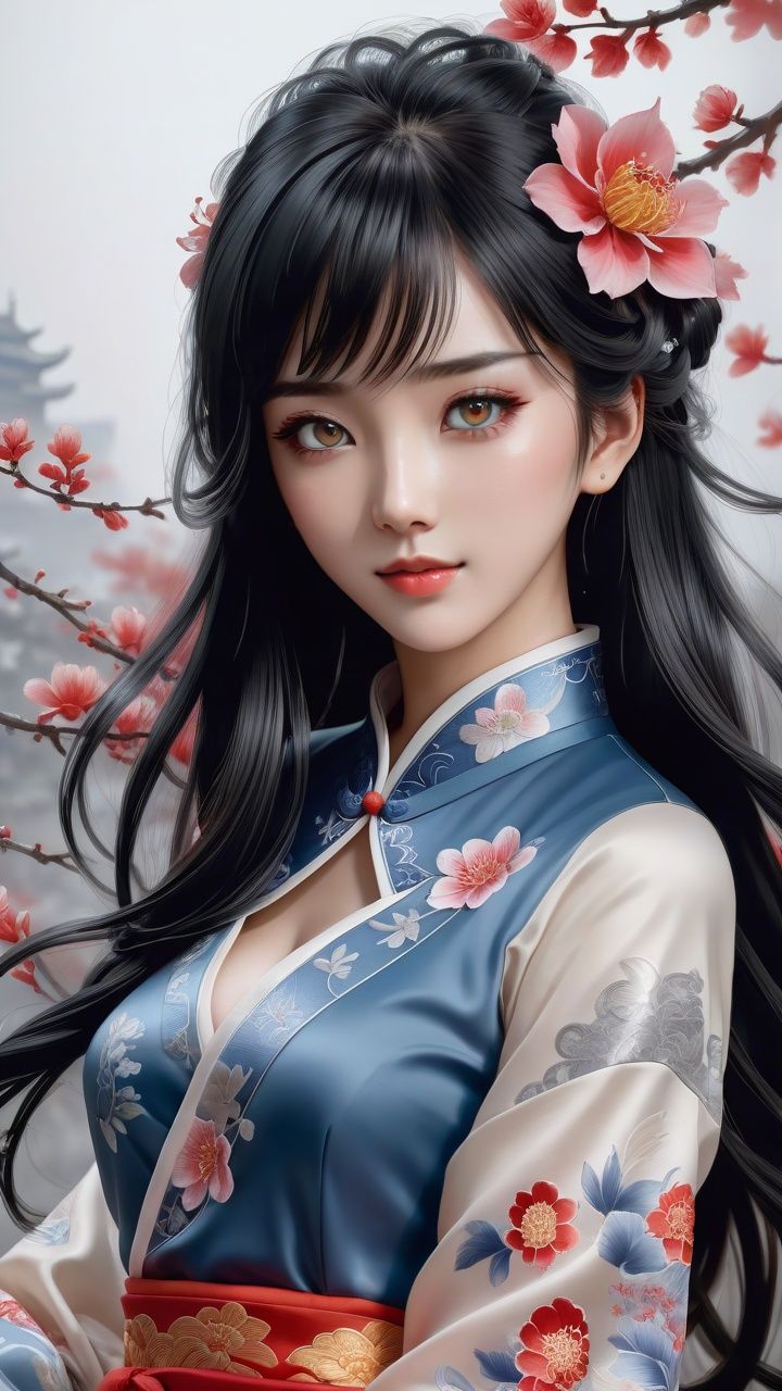 (((((full body))))),(((((best detailed girl))))),(((1girl))),((((black hair)))),(solo),((extremely detailed)),((detailed face)),((((ink painting)))),illustration,((Chinese ink painting)),(((masterpiece))),(((best quality))),((((Ink dyeing)))),(((Watercolor))),((Chinese Brush Painting)),(((extremely delicate and beautiful girls)))),ultra-detailed,(((beautiful detailed eyes))),(cheongsam),(Chinese style),((red ink)),smile,ink background,long hair,beautiful detailed eyes,beautiful detailed hair,petals,(((soaked))),((((floating hair)))),(((The character is in the center of the frame))),(((flowing))),