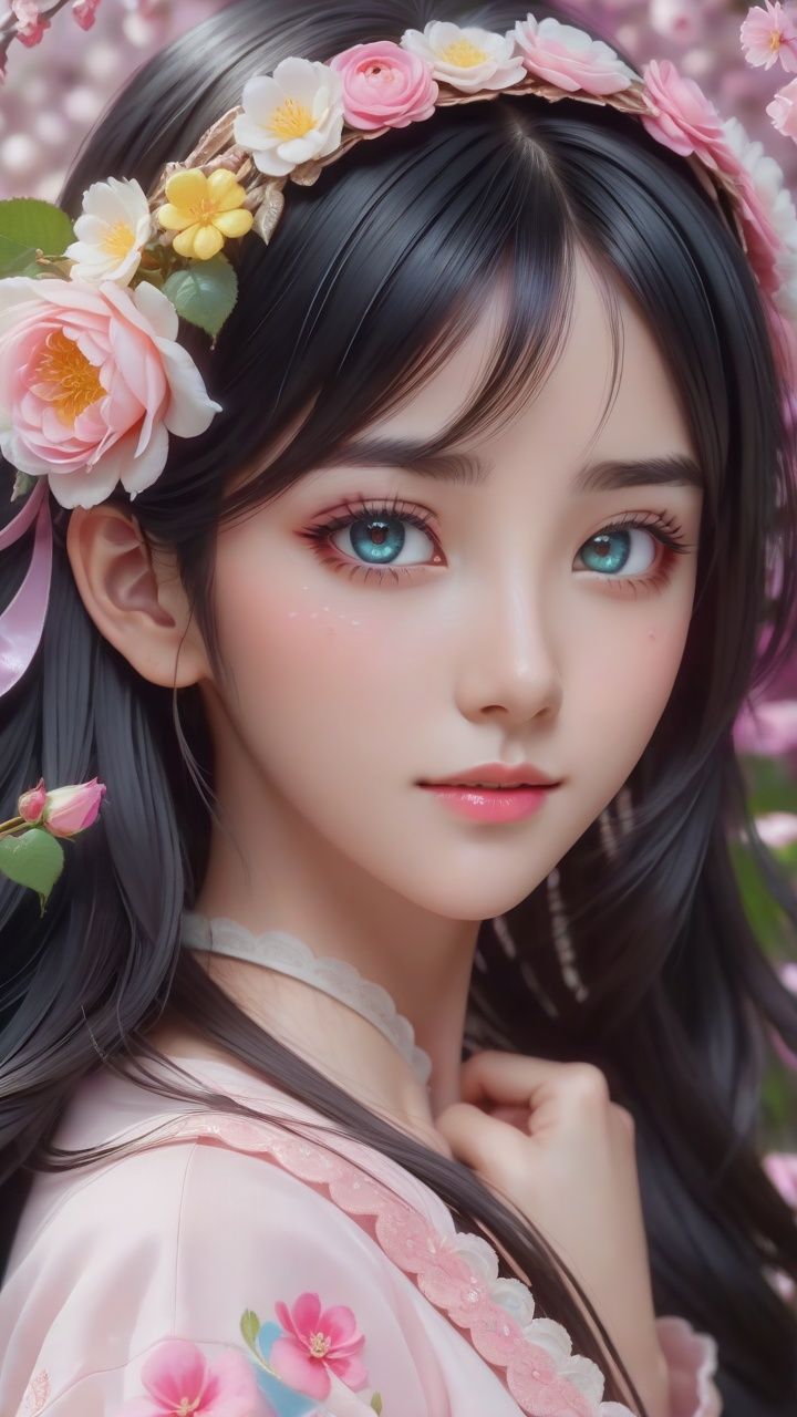 watery eyes,delicate detailed eyes,(card capture sakura:0.3),long hair,black hair mange style,long sleeve,flower headband,roses background,4k,8k,round eyes,round pupil,happy,colourful,fantasy magical,complex hair detail,happy,texture on clothings,fireflies,1girl,