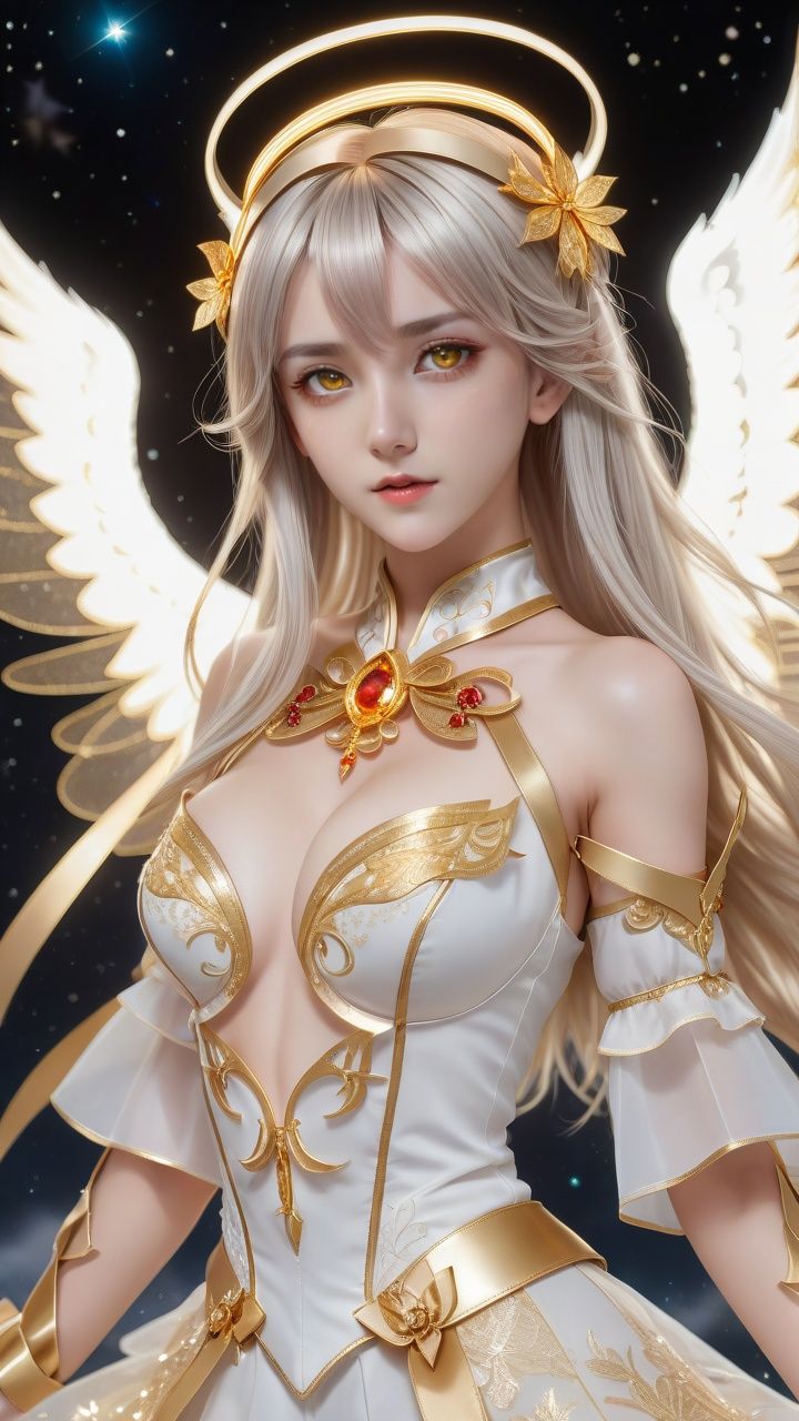 (((masterpiece))),(((crystals texture Hair))),(((((extremely detailed CG))))),((8k_wallpaper)),(1 girls:1.5),big top sleeves,floating,beautiful detailed eyes,overexposure,side blunt bangs,buttons,bare shoulders,(loli),light shafts,soft focus,character focus,wings,(((Transparent wings))),[[((Wings made of golden lines,angel wing,gold halo around girl,many golden ribbon,Aureate headgear,gold magic circle in sky,ight, black sky):1.3):((galaxy background, snowflakes, night sky, black pupils, starts sky background, stars behind girl, view on sky,standing):0.8)],[(Elegant hair,Long hair,The flying golden lines,Messy golden lines,halo,hairs between eyes,Small breasts,ribbons, bowties,red eyes, golden pupil, white hair,flowing hair,disheveled hair,lowing long hair):(Delicate arms and hands):0.8],