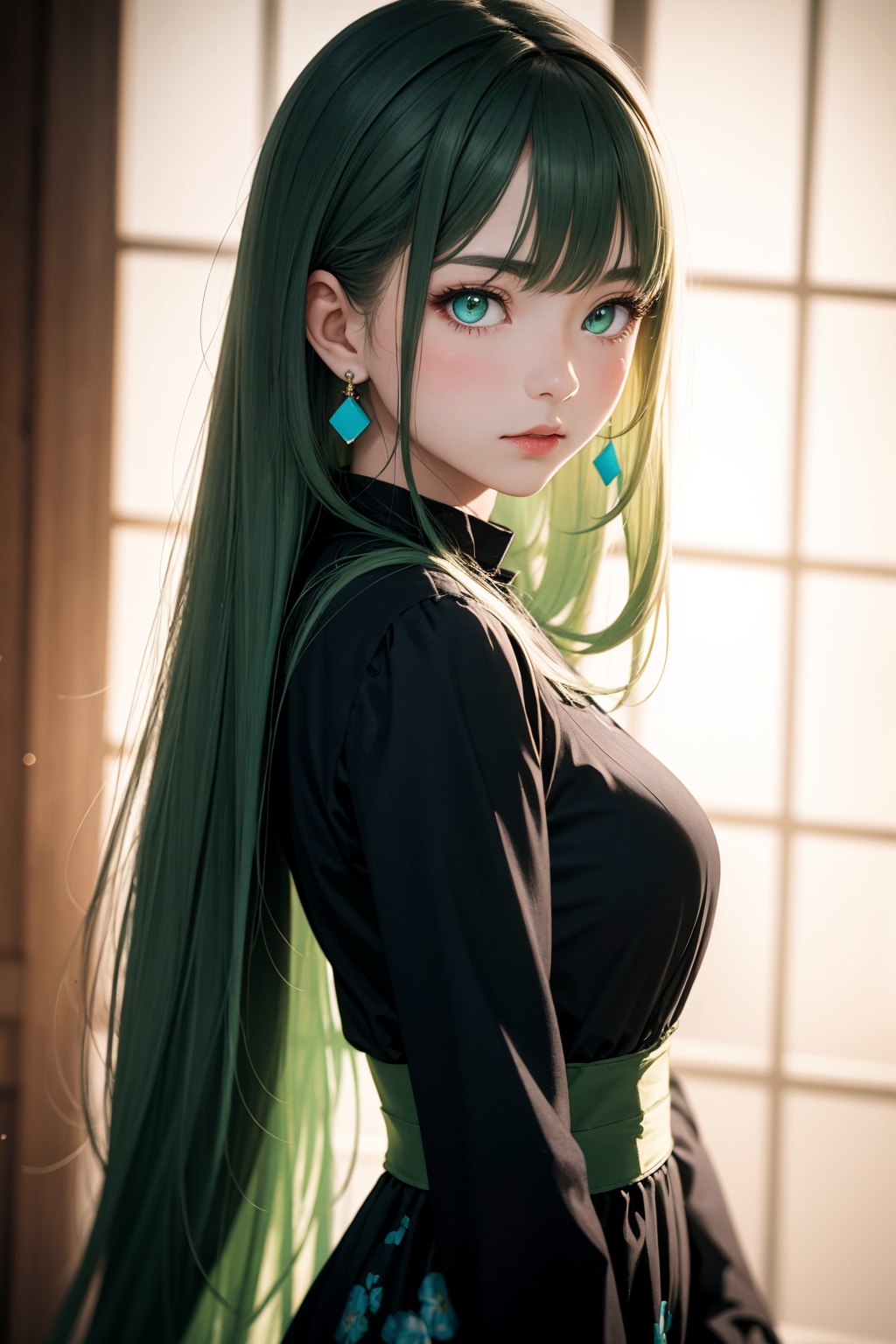 A beautiful girl with off-white long hair,  white luminous eyes,  green luminous earrings on Tensor.Art