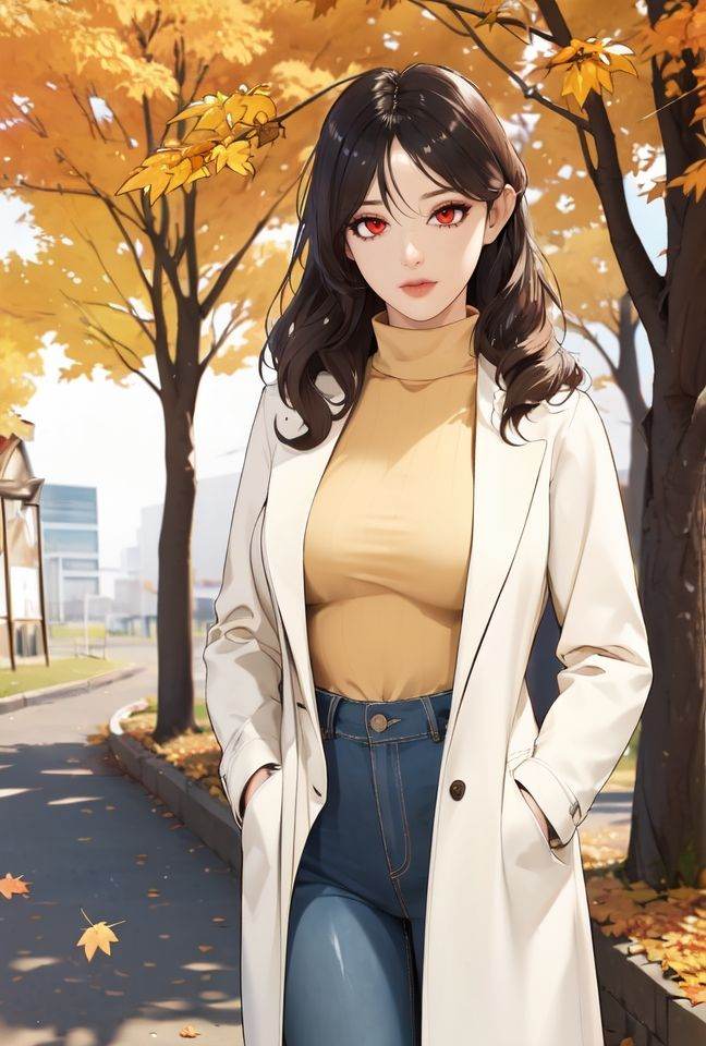 (masterpiece),(best quality),highres,incredibly absurdres,absurdres,very_high resolution,original,intricate details,hyper detail,ultra-detailed,exquisite detailed,extremely delicate,illustration,pixiv,chromatic aberration,film grain,cinematic,bokeh,caustics,emphasis lines,extremely detailed CG,unity 8k wallpaper,game cg,(1girl),(solo),solo_focus,shiny hair,glossy hair,parted bangs,wavy hair,long hair,disheveled_hair,brown hair,hair behind ear,red eyes,sharp_eyelid,eyeliner,eyelashes,eyeshadow,mature female,milf,(perfect detailed face),red lips,(lipgloss),glossy skin,(shiny skin),feminine proportions,skinny,[toned:0.8],narrow waist,slim,wide hips,curvy,medium_breasts,perky_breasts,long legs,hands in pockets,open coat,turtleneck sweater,high-waist_pants,white sweater,tan_coat,jeans,walking,cowboy shot,parted lips,(detailed beautiful scene),scenery,landscape,outdoors,wildness,maple leaf,path,nature,forest,autumn,autumn leaves,<lora:vodor-04:0.75>,vodor,