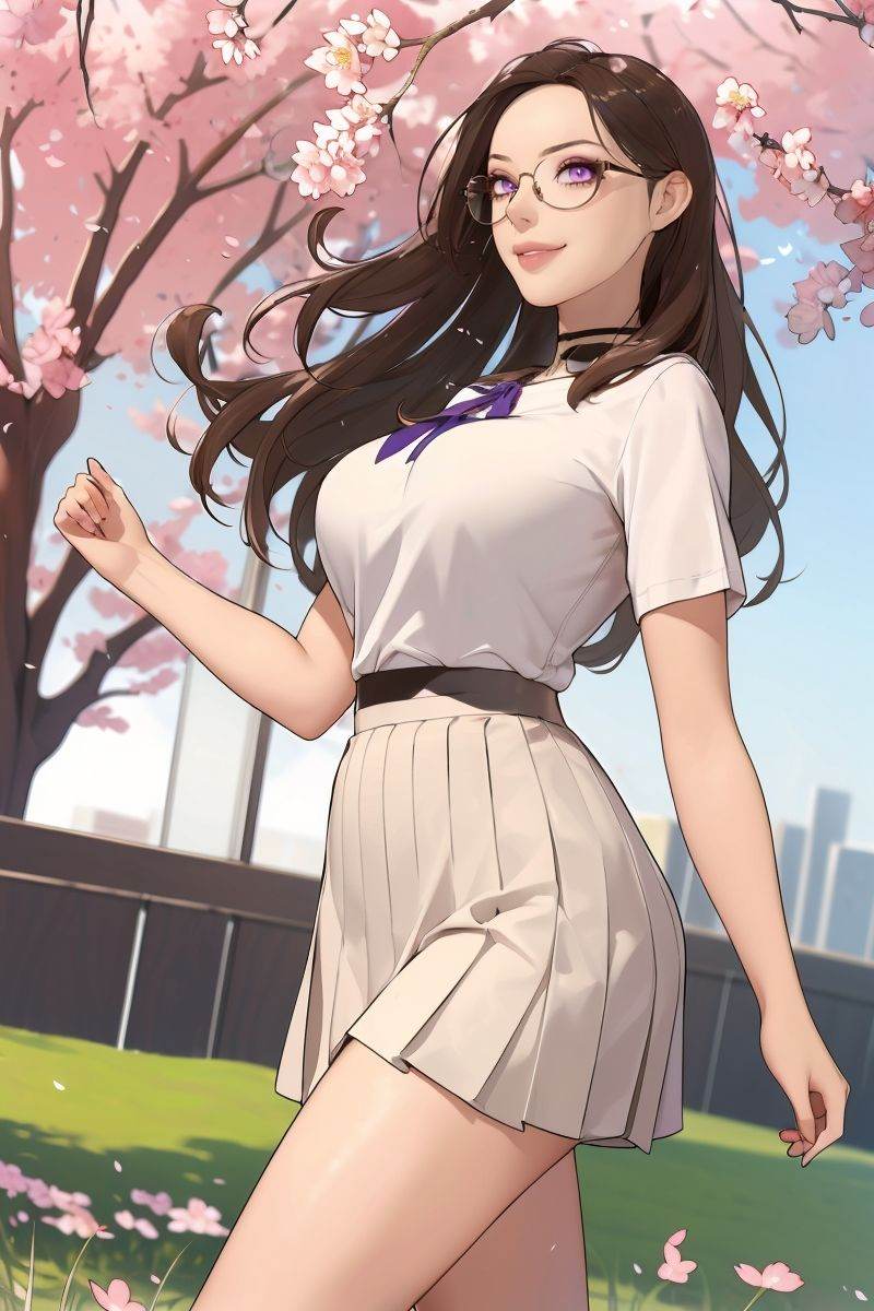 (masterpiece),(best quality),highres,incredibly absurdres,absurdres,very_high resolution,original,intricate details,hyper detail,ultra-detailed,exquisite detailed,extremely delicate,illustration,chromatic aberration,film grain,cinematic,bokeh,caustics,emphasis lines,extremely detailed CG,unity 8k wallpaper,(1girl),shiny hair,glossy hair,sharp_eyelid,eyeliner,eyelashes,eyeshadow,tall female,mature female,*******,perfect detailed face,lips,(lipgloss),feminine proportions,skinny,toned,slim,wide hips,curvy,large_breasts,perky_breasts,shiny skin,glossy skin,(long legs),cropped legs,cowboy shot,knee,(detailed beautiful scene),scenery,landscape,bloom,picturesque,UHD wallpaper,HDR,global illumination,volumetric light,wavy hair,forehead,parted bangs,lateral view,long hair,brown hair,(floating hair:1.2),motion blur,dynamic pose,looking away,running,purple eyes,smile,grin,bare legs,sailor collar,white shirt,pleated skirt,grey skirt,short sleeves,neck ribbon,outdoors,tree,day,sunlight,grass,plum blossoms,cherry blossoms,road,nature,(round eyewear),glasses,circle-glasses,<lora:vodor-04:0.75>,vodor,