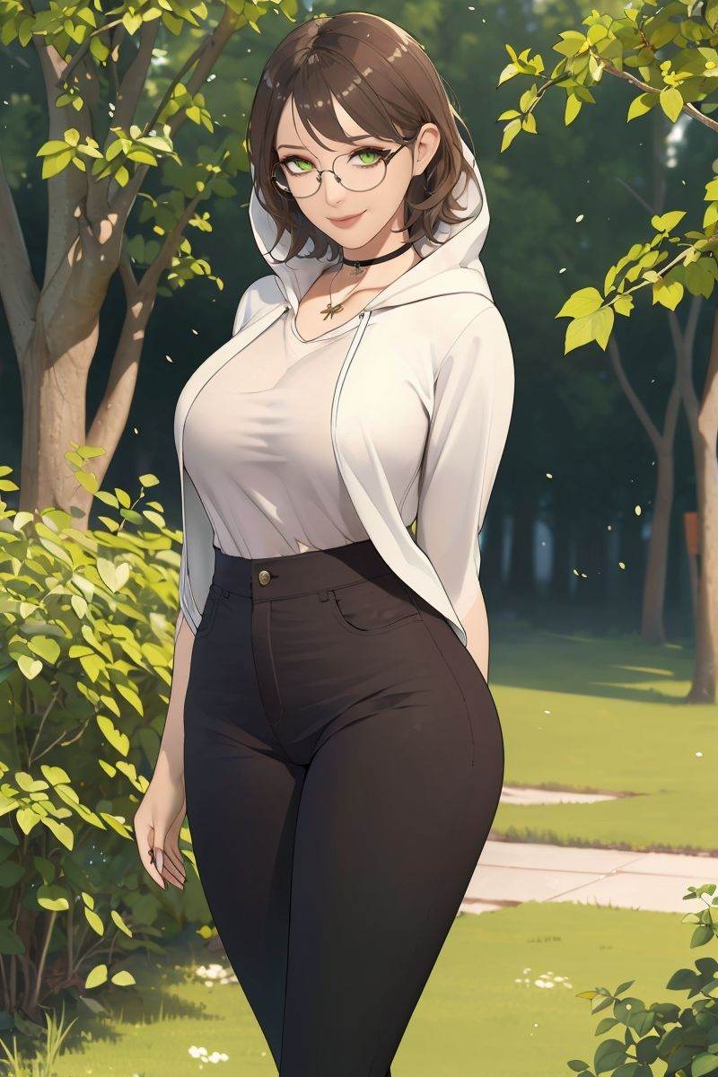 (masterpiece),(best quality),highres,incredibly absurdres,absurdres,very_high resolution,original,intricate details,hyper detail,ultra-detailed,exquisite detailed,extremely delicate,illustration,chromatic aberration,film grain,cinematic,bokeh,caustics,emphasis lines,extremely detailed CG,unity 8k wallpaper,(1girl),shiny hair,glossy hair,sharp_eyelid,eyeliner,eyelashes,eyeshadow,tall female,mature female,*******,perfect detailed face,lips,(lipgloss),feminine proportions,skinny,toned,slim,wide hips,curvy,large_breasts,perky_breasts,shiny skin,glossy skin,(long legs),cropped legs,cowboy shot,knee,(detailed beautiful scene),scenery,landscape,bloom,picturesque,UHD wallpaper,HDR,global illumination,volumetric light,wavy hair,parted bangs,brown hair,medium hair,bobcut,green eyes,smile,light smile,black_pants,open clothes,open jacket,white_hooded_jacket,long sleevespink_shirt,t-shirt,(silver glasses),necklace,flower,sunlight,vines,ivy,plant,nature,outdoors,house,town,day,arms behind back,walking,(round eyewear),glasses,circle-glasses,<lora:xian-t手部修复lora v3:0.6>,<lora:GoodHands-beta2:0.6>,<lora:vodor-04:0.75>, vodor,