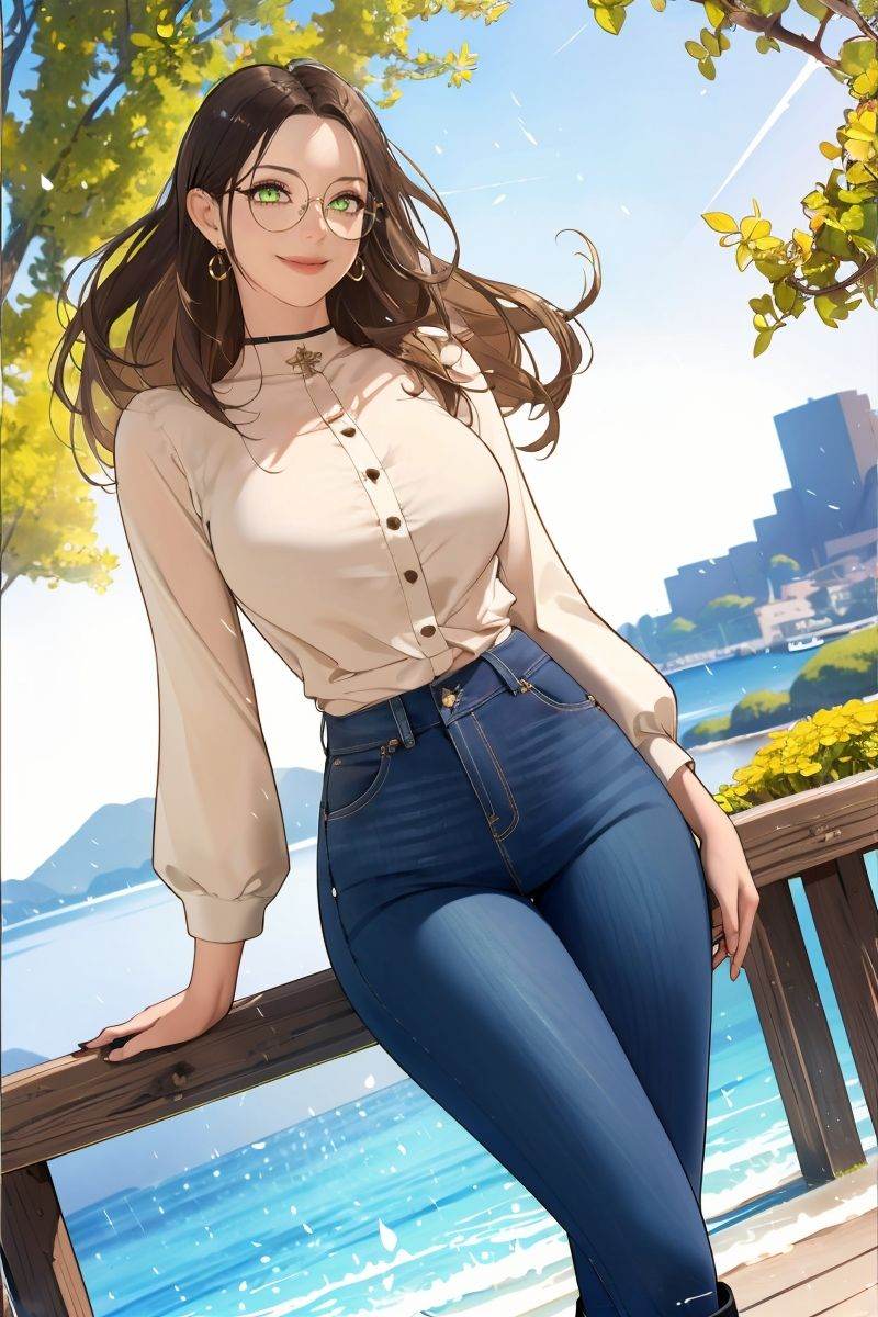 (masterpiece),(best quality),highres,incredibly absurdres,absurdres,very_high resolution,original,intricate details,hyper detail,ultra-detailed,exquisite detailed,extremely delicate,illustration,chromatic aberration,film grain,cinematic,bokeh,caustics,emphasis lines,extremely detailed CG,unity 8k wallpaper,(1girl),shiny hair,glossy hair,sharp_eyelid,eyeliner,eyelashes,eyeshadow,tall female,mature female,*******,perfect detailed face,lips,(lipgloss),feminine proportions,skinny,toned,slim,wide hips,curvy,large_breasts,perky_breasts,shiny skin,glossy skin,(long legs),cropped legs,cowboy shot,knee,(detailed beautiful scene),scenery,landscape,bloom,picturesque,UHD wallpaper,HDR,global illumination,volumetric light,wavy hair,forehead,parted bangs,lateral view,long hair,hair behind ear,brown hair,(floating hair:1.2),green eyes,smile,light smile,grin,jeans,buttons,long sleeves,white blouse,earrings,knee boots,black footwear,smartwatch,flower,sunlight,park,plant,nature,outdoors,lake,pavement,mountainous horizon,clear sky,motion blur,waves,tree,<lora:细边圆框眼镜thinRoundGlasses_v11:0.6>,(round eyewear),glasses,circle-glasses,<lora:vodor-04:0.75>,vodor,