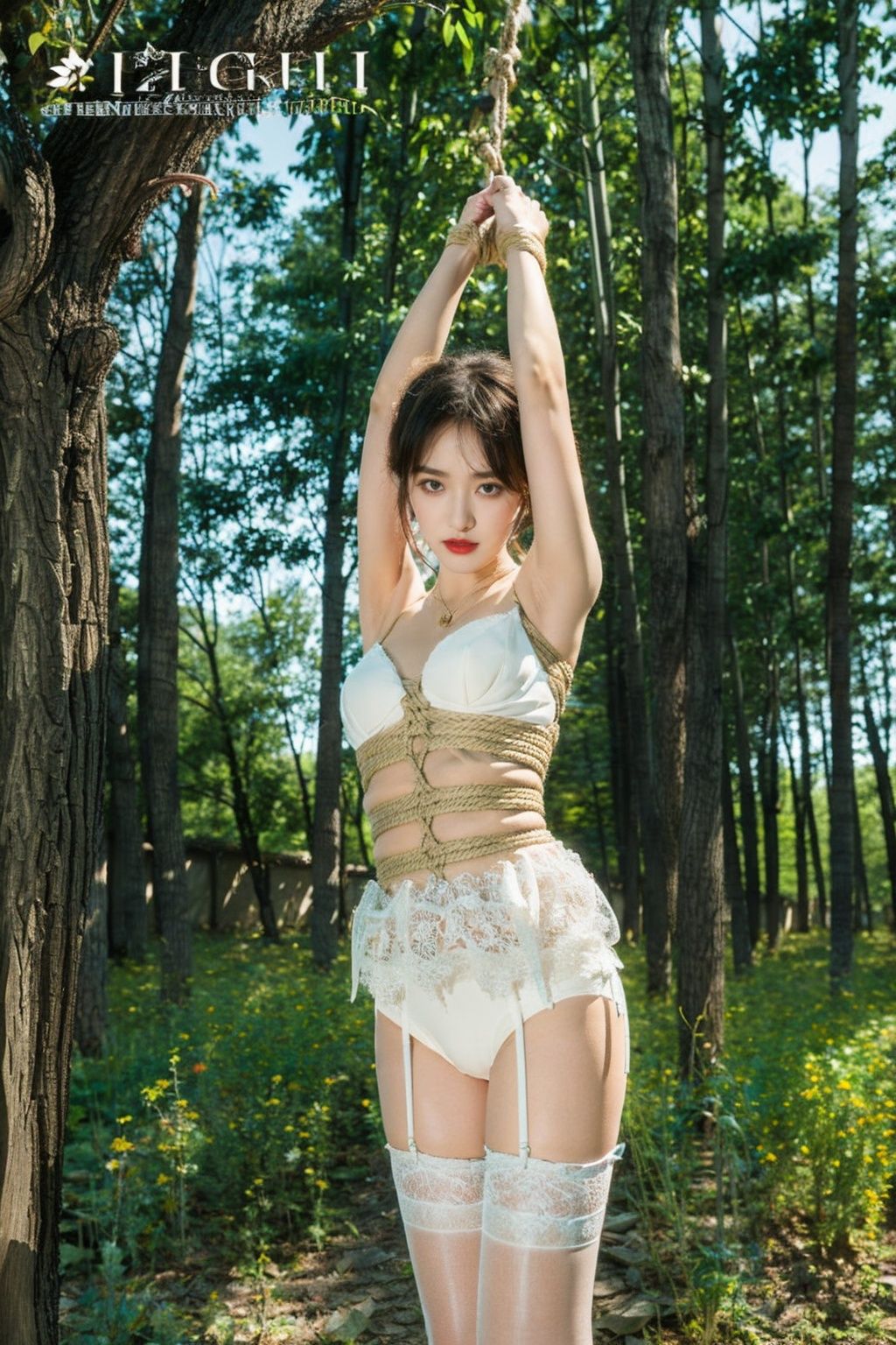 1girl, tree, bdsm, bound, shibari, rope, bondage, garter_belt, night, bamboo, park, star_\(sky\), nature, bush, forest, thighhighs, garter_straps, solo, starry_sky, bamboo_forest, cityscape, outdoors, fence, river, lace-trimmed_legwear, lipstick, chain-link_fence, restrained, armpits,  arms_up, city_lights, skyline, plant