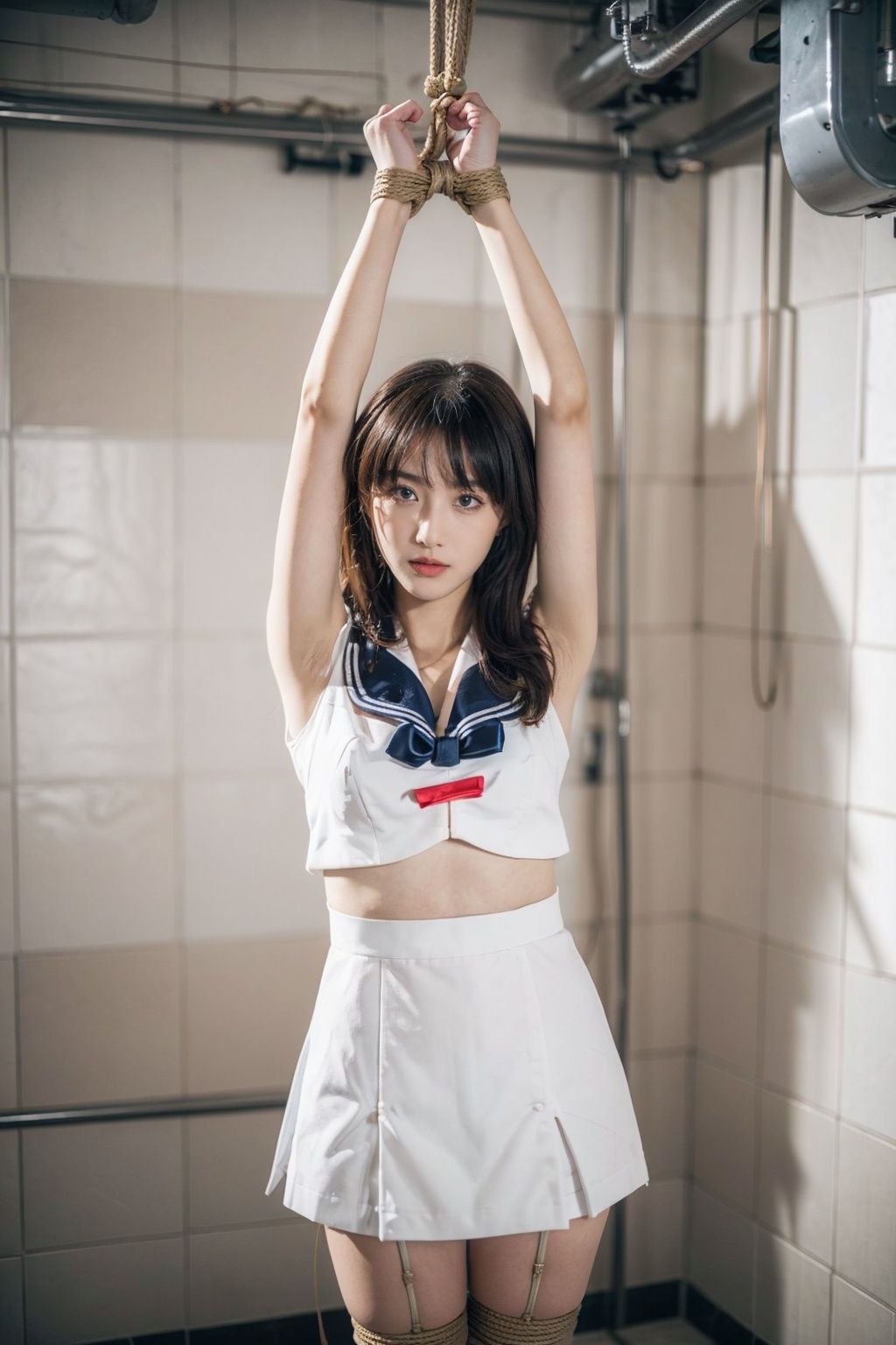 HDR, UHD, 8K, A real person, Highly detailed, best quality, masterpiece, bound, 1girl, bdsm, bondage, tiles, solo, tile_wall, restrained, arms_up, tile_floor, bra, bound_wrists, standing, Sailor Suit, school uniform