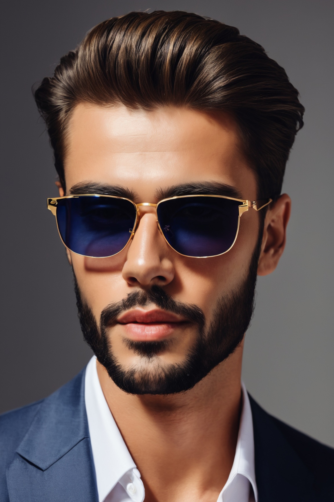 visually stunning portrait,  man with a stylish and confident expression,  wearing trendy sunglasses on Tensor.Art